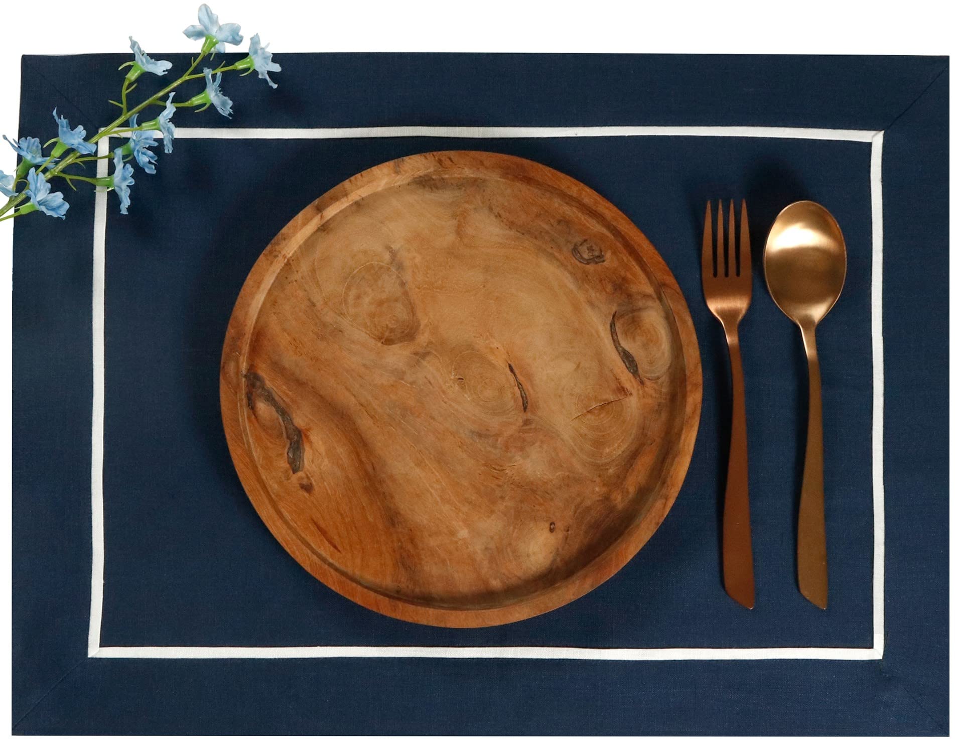 D'Moksha Homes Navy Blue Linen Placemats With White Trim, Set Of 4-14 X 19 Inch, 100% Pure Linen Fabric Placemats Navy Blue & Wh