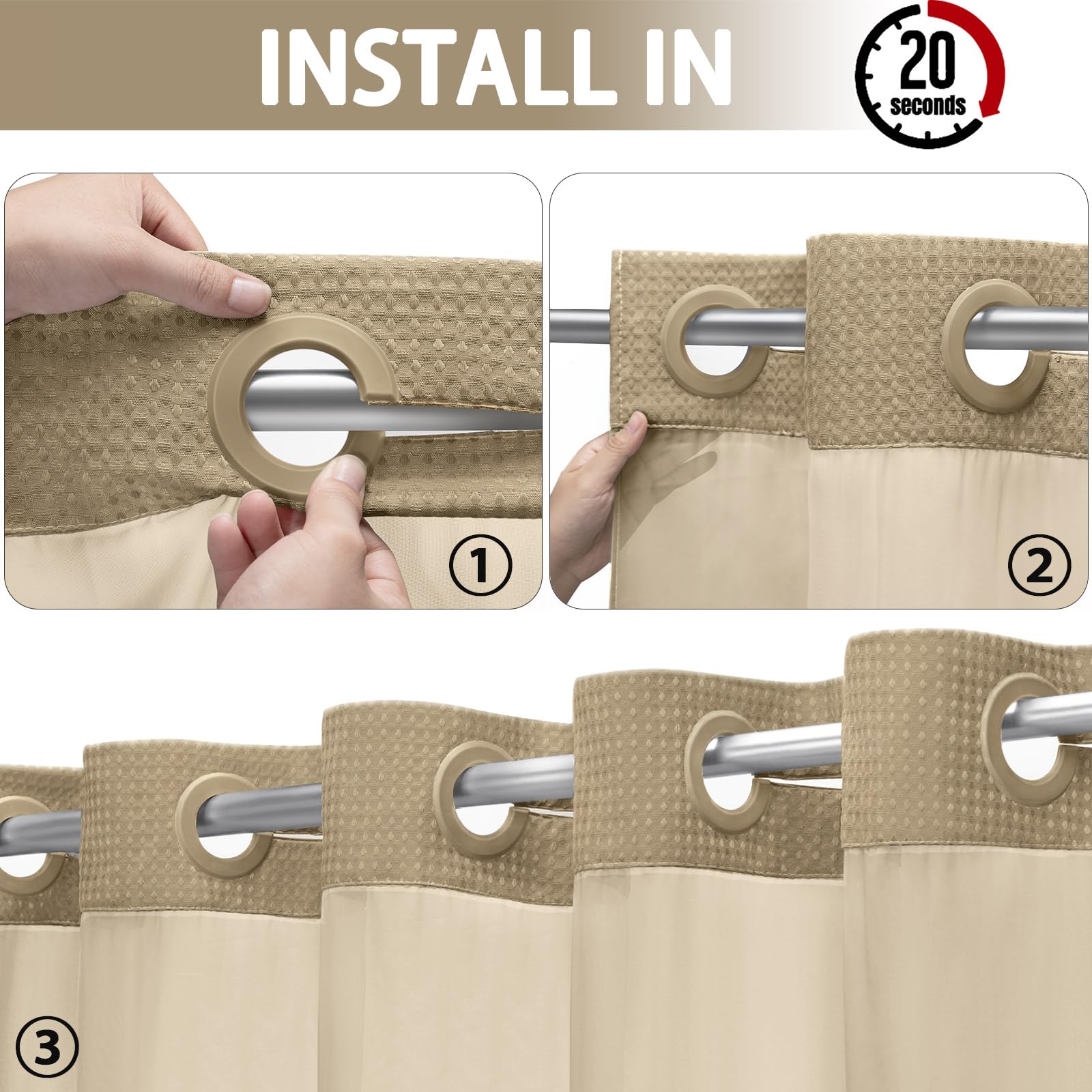 Yellyhommy No Hook Shower Curtain With Snap In Liner Set Less Time Waffle Shower Curtain For Bathroom (Beige, 81'' L X 72'' W)
