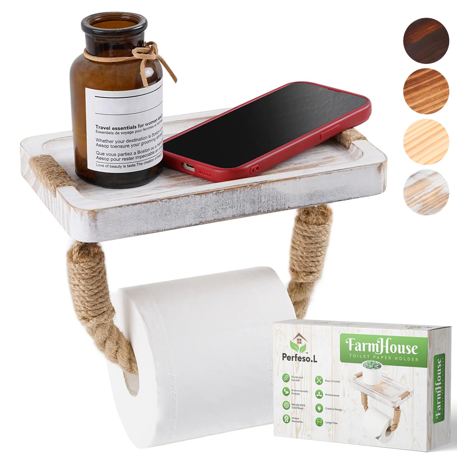 Perfeso.L Beach Rope Toilet Paper Holder White Farmhouse Nautical Rope Coastal Bathroom Decor Unique Wooden Rustic Towel Rack Ti