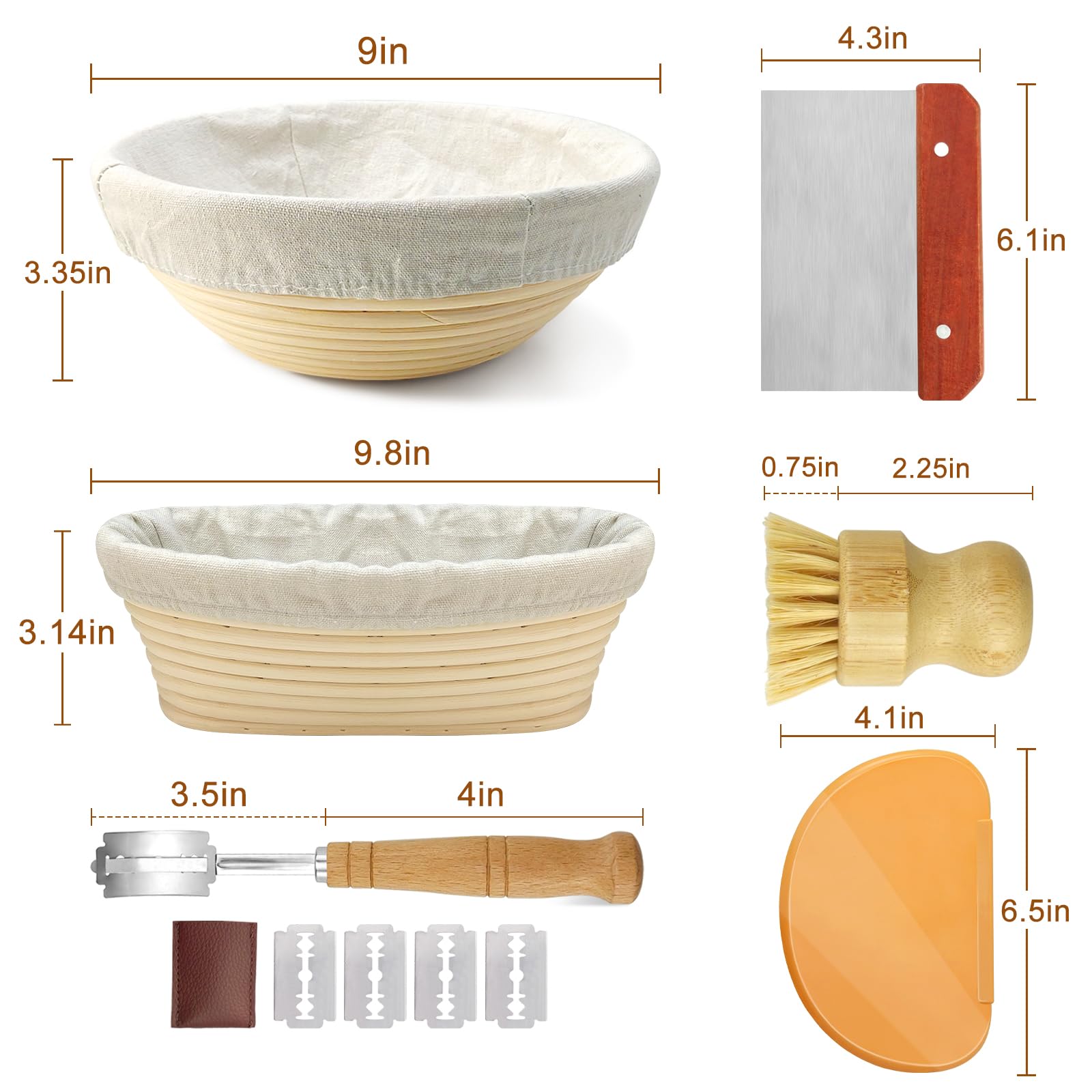 Sourdough Bread Baking Supplies: 9 Inch Round & 10 Inch Oval Banneton Bread Proofing Baskets w/Liner, Bread Lame, Dough Scrapers