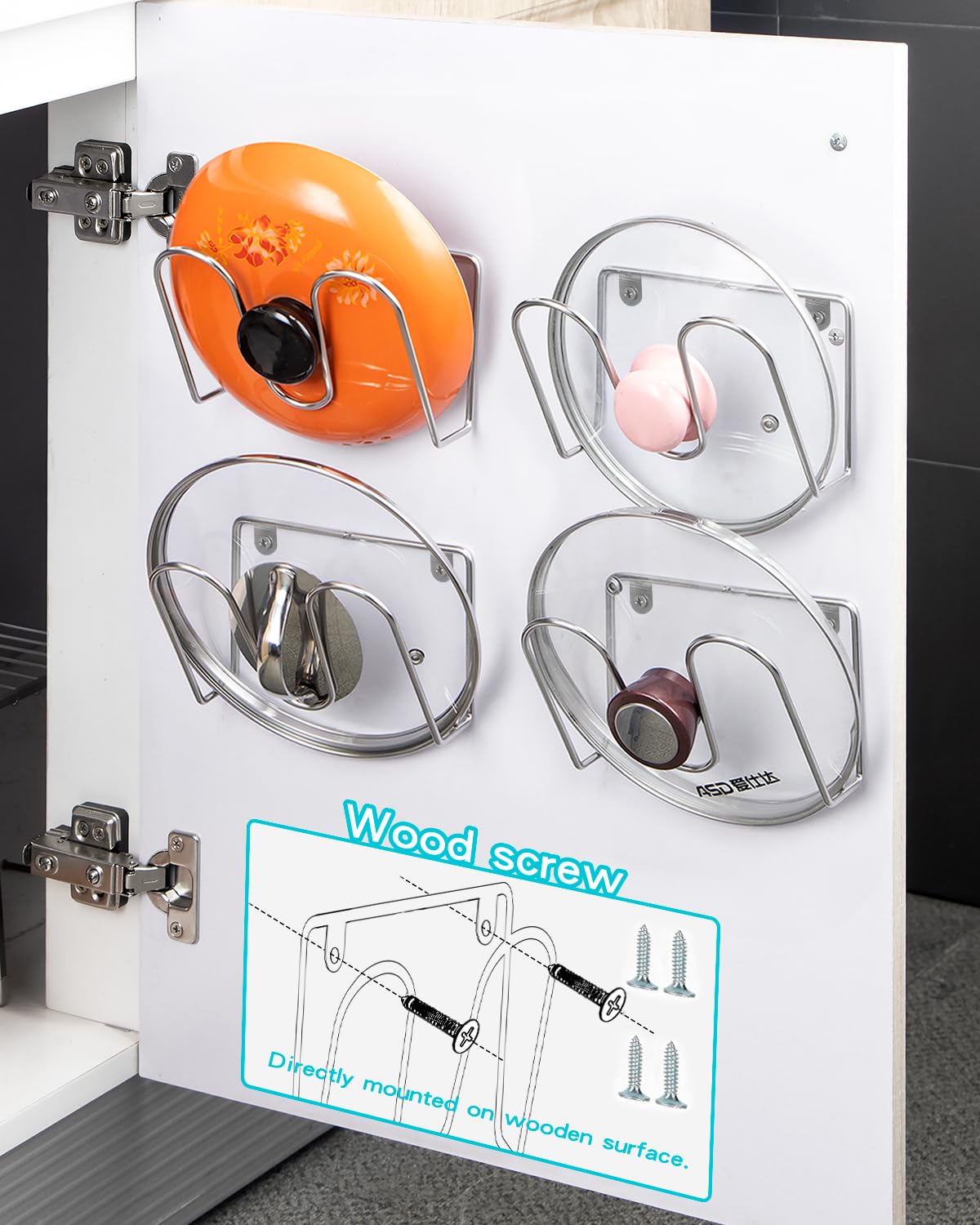 Yqh Cabinet Door Pot Lid Rack, Kitchen Wall Pot Lid Organizer Set Of 4, Lid Holder, 304 Stainless Steel Storage Rack For Pot Lid