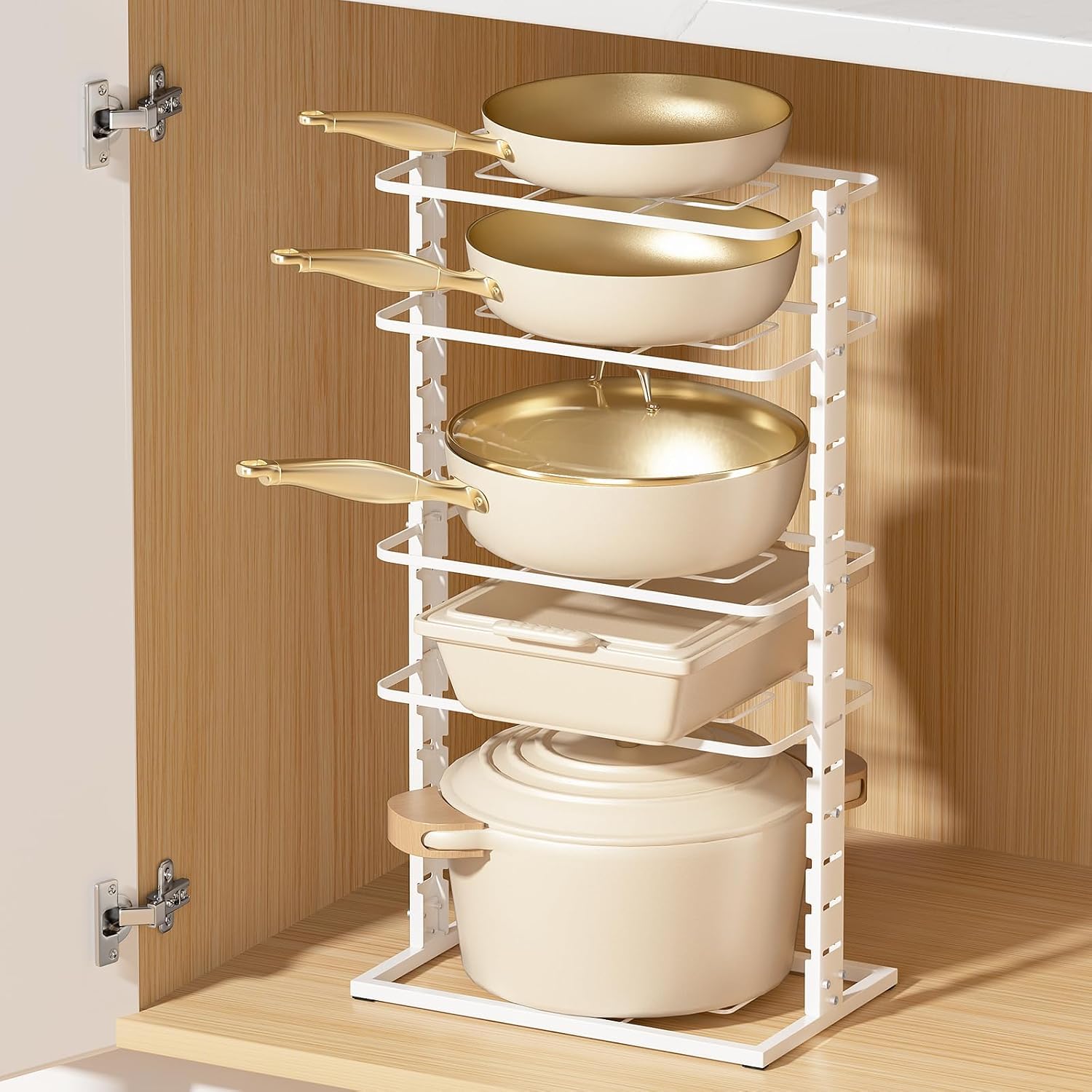 Geo Fashion Pots And Pans Organizer Under Cabinet, 5 Tier DualPillar Design | Adjustable AllMetal Rack Stores Pots, Pans And 