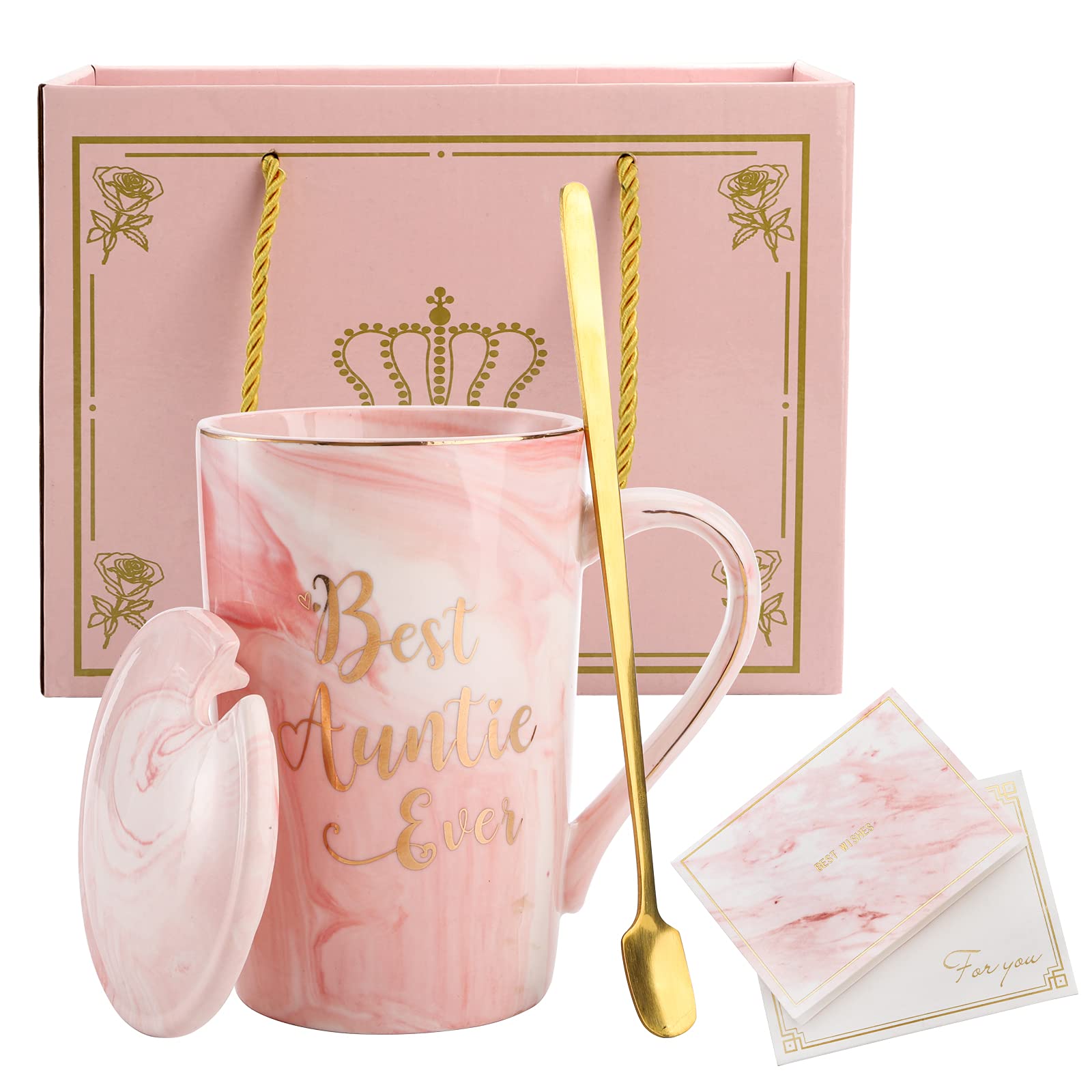 Hedume Best Auntie Ever Mug, 12 Oz Pink Marble Ceramic Coffee Cup With Gifts Box And Greeting Card, Aunt Gifts From Niece And Ne