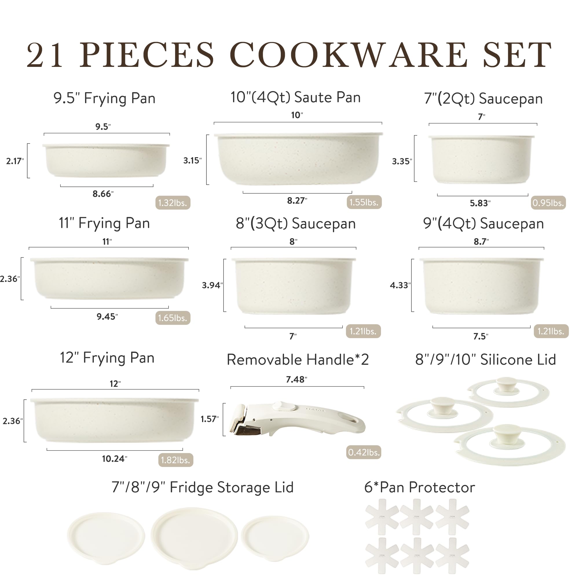 CAROTE 21pcs Detachable Handle Pots and Pan Set, Nonstick Induction Cookware, Removable Handle, RV Oven Safe Cookware, Cream Whi