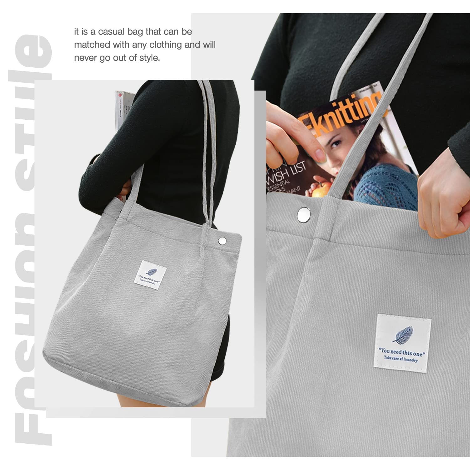 Lhmtqvk Tote Women Girls, Large Capacity Corduroy Reusable Grocery Shoulder Bag With Inner Pockets, Grey