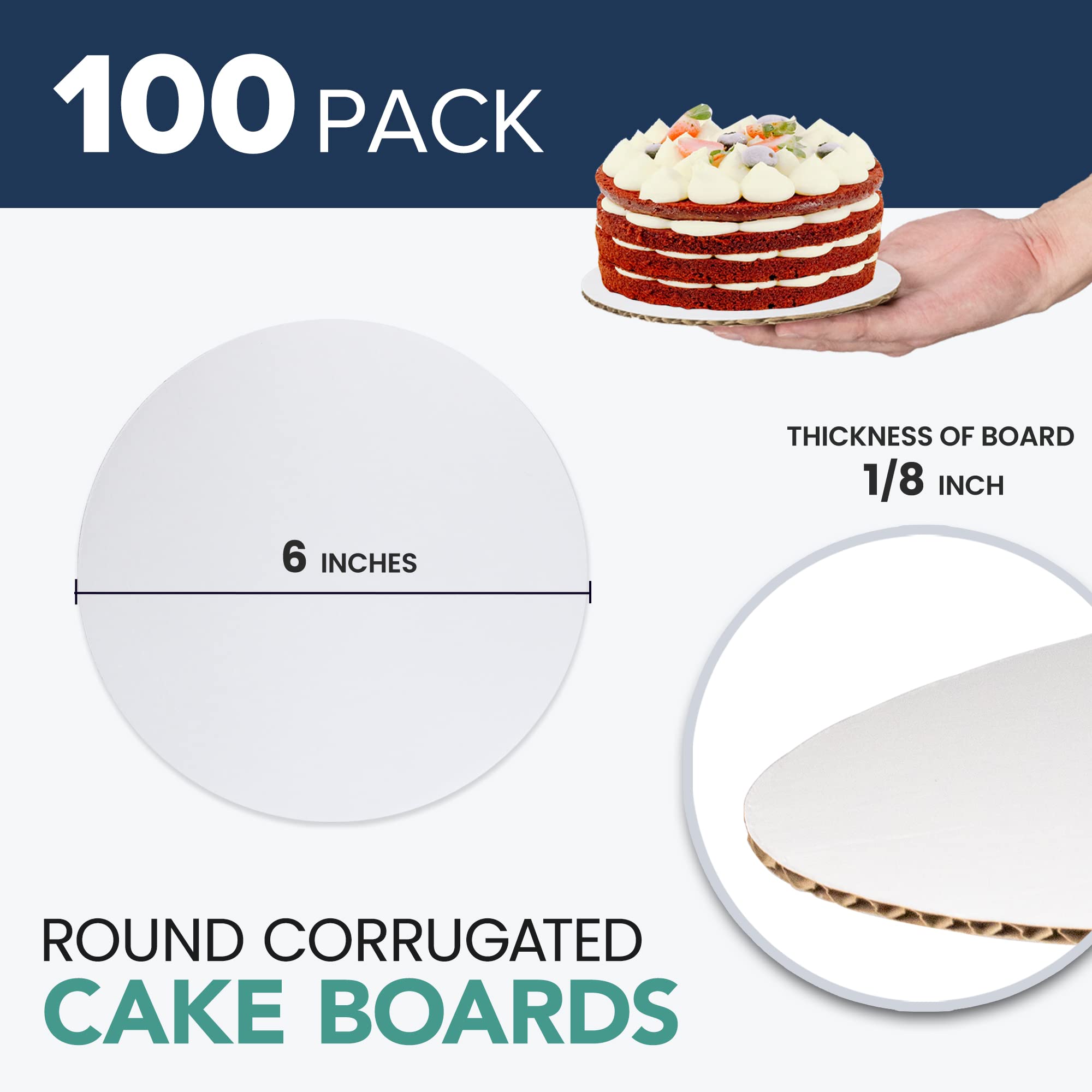 [100 Pack] 6 Inch Round Cake Boards - Grease Proof Cardboard Disposable Cake Pizza Circle Scalloped White Tart Decorating Base Stand