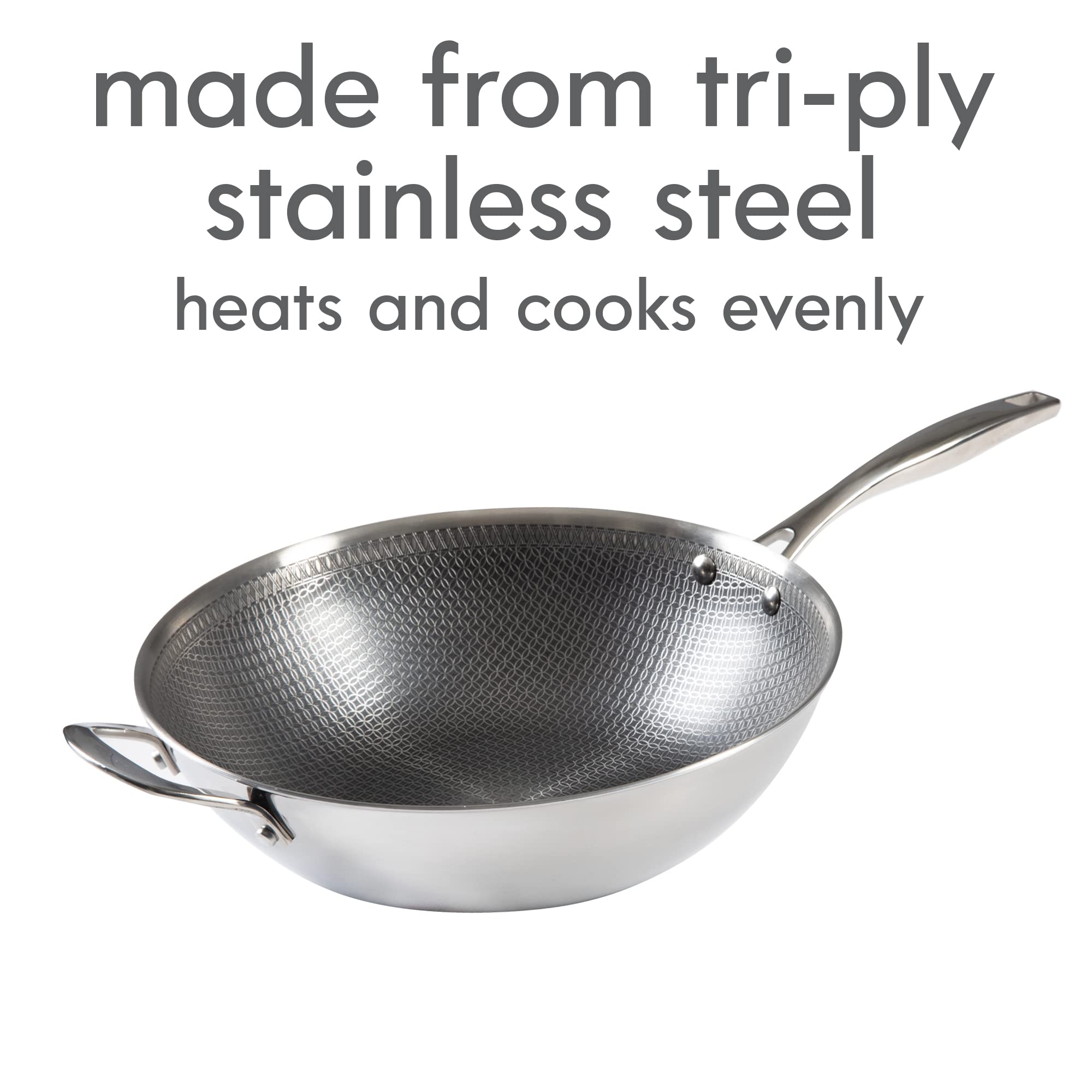 Kenmore Elite Luke Hybrid 12'' Tri-Ply Stainless Steel Pfoa Free Nonstick Wok Pan W/Lid, Metal Utensil Safe