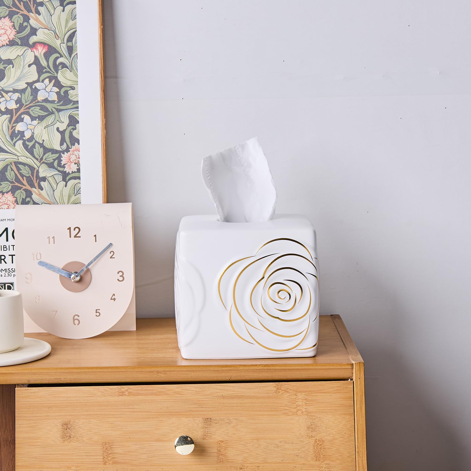 White Ceramic Cube Tissue Box Cover with Gold Rose - Large Elegant Rose Floral Square Decorative Tissue Box Holder for Bathroom,