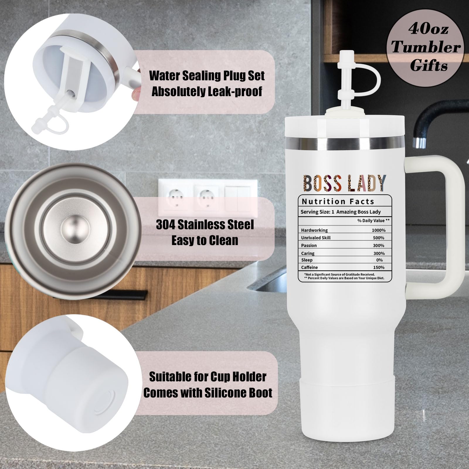 Boss Day Gift For Boss Lady, Boss Lady Nutrition Fact Gift For Boss Lady Manager Coworker Employer, 40 Oz Boss Lady Tumbler With