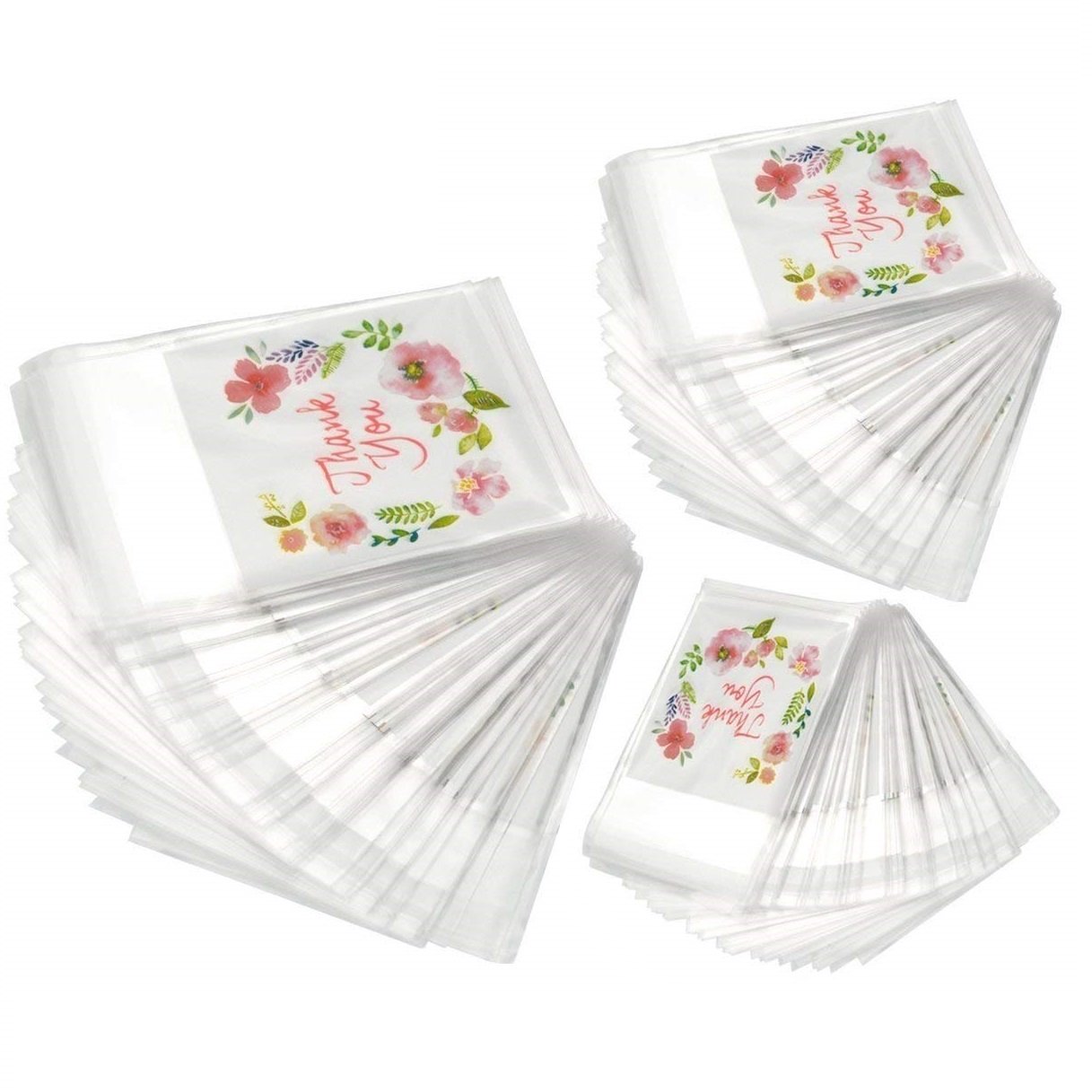 300Pcs Thank You Printed Plastic Bags Pink Flower Opp Self Adhesive Cookie Mini Candy Packaging Biscuit Roasting Diy Gift Favor