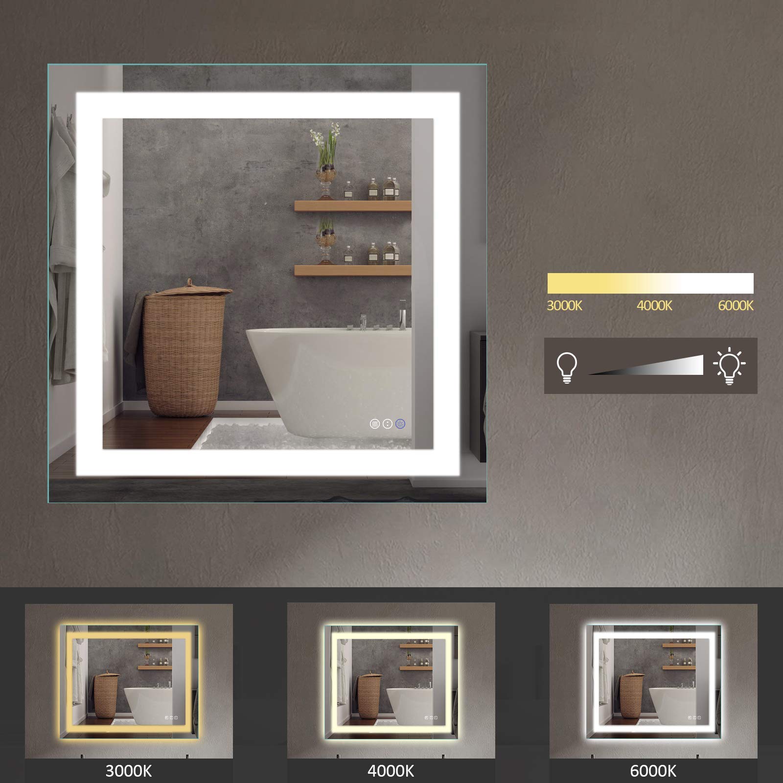 Amorho LED Bathroom Mirror 36''x 36'' with Front and Backlight  Stepless Dimmable Wall Mirrors with Anti-Fog  Shatter-Proof  Memory  3 Colors  Double LED Vanity Mirror