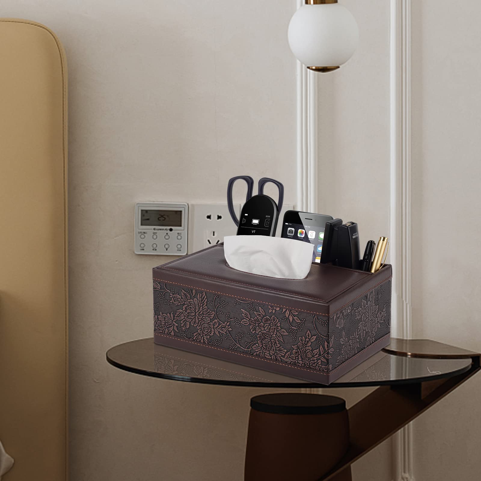 Xnone Tissue Box Cover Rectangle Retro Kleenex Box Holder Pu Leather Facial Tissue Organizer,Multifunctional Remote Control Stat