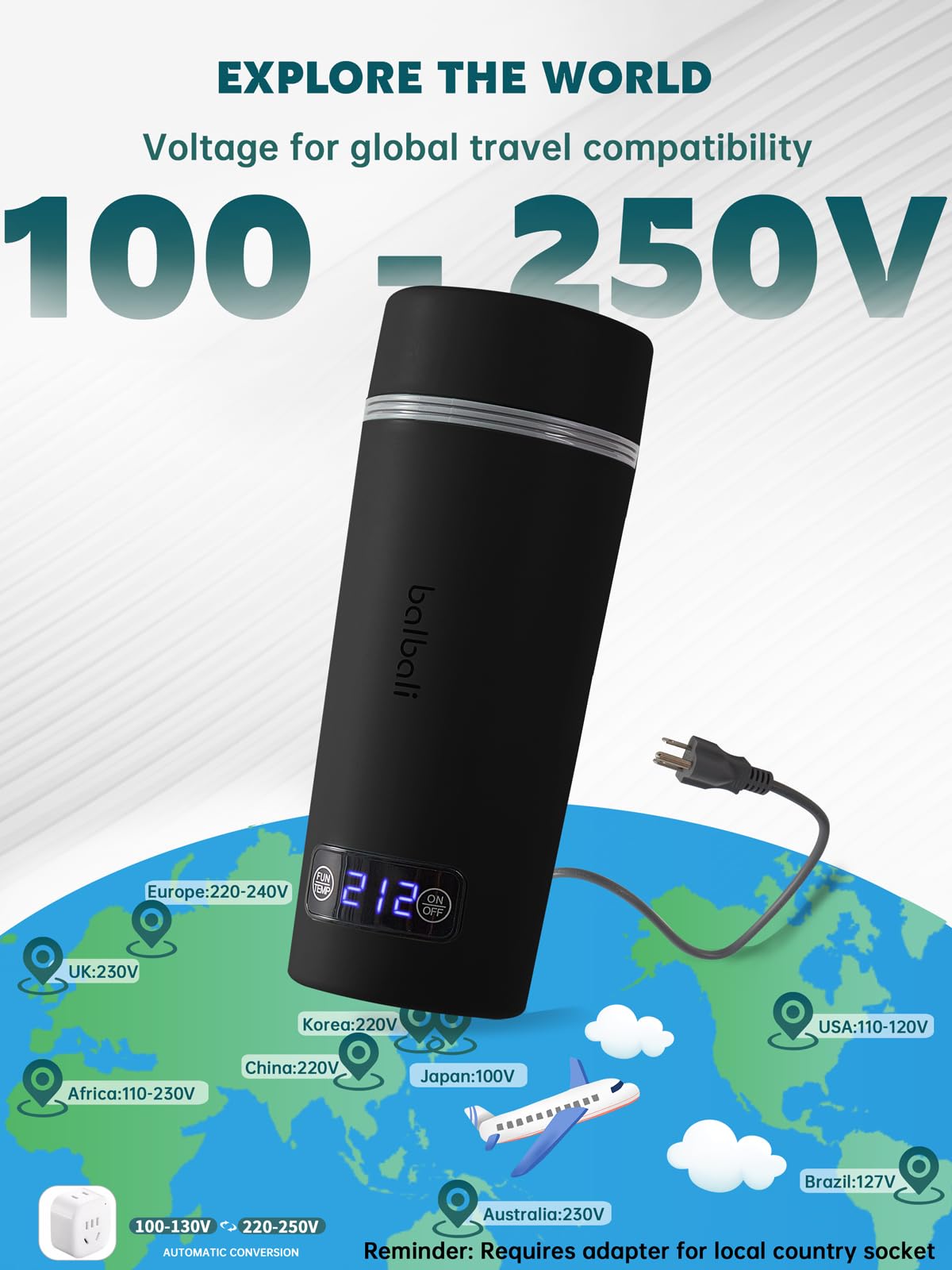 Balbali Dual Voltage Travel Kettle 100-250V - 12Oz Portable Water Boiler/Warmer/Heater For Boiling Water - 4 Preset Temperature