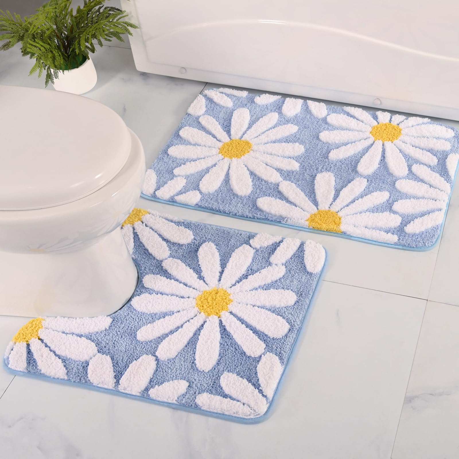 Qjhomo Bathroom Rug Set 2 Piece, Cute Daisy Bath Mat Blue Toilet Rug U Shaped, Flower Deocr Bathroom Set Non Slip Contour Bathma