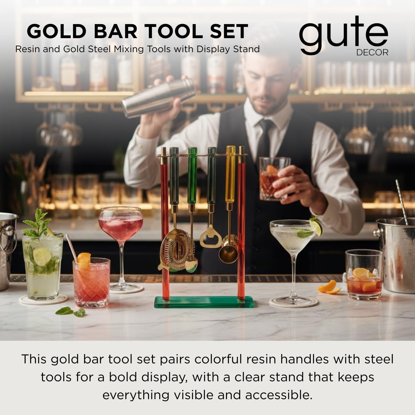5-PC Gold Bartender Kit with Stand & Color Handles