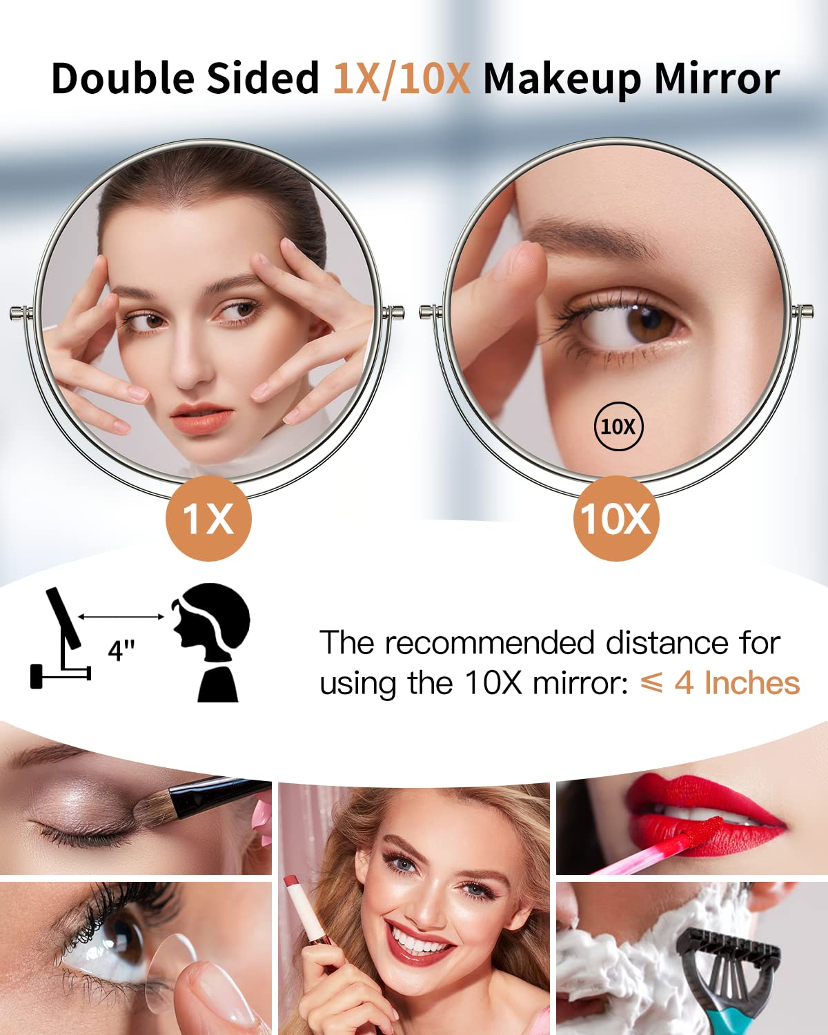 Benbilry 9'' Large Size Wall Mounted Makeup Mirror With 10X Magnification, Extendable Double Sided Vanity Mirror, 360