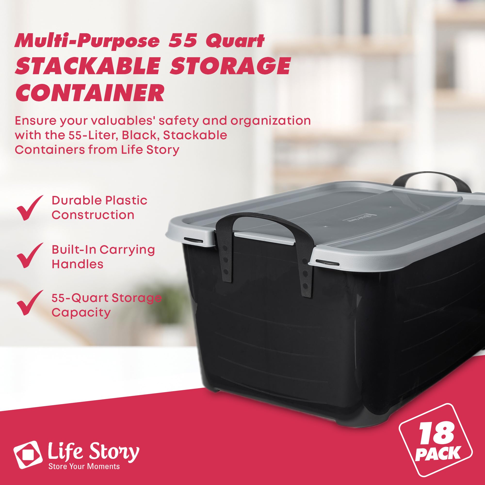 Life Story 18-Pack Stackable Plastic Storage Bins W/Handles & Snapping Lids, 55 Qt., Black