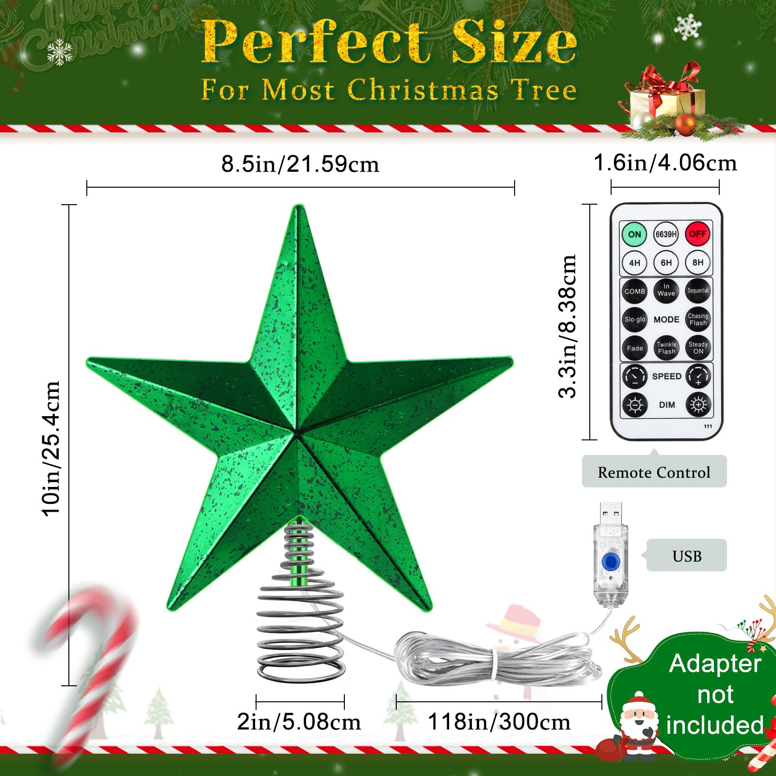 Green Christmas Tree Star Topper with Lights, 8.5-Inch Light-Up Christmas Tree Topper with Remote Control, 4 Brightness Levels &