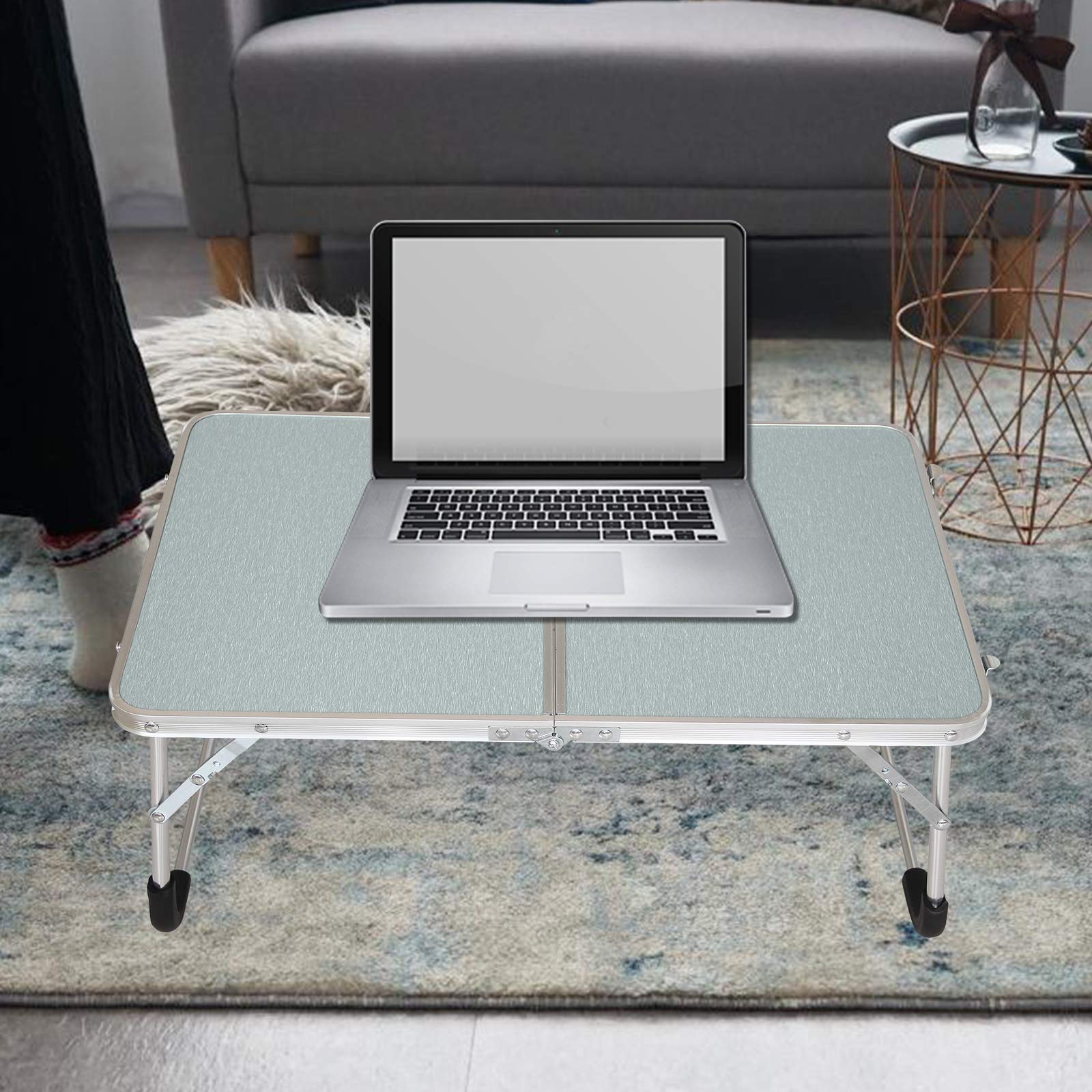 Jucaifu Foldable Laptop Table  Bed Desk  Breakfast Serving Bed Tray  Portable Mini Picnic Table & Ultra Lightweight  Folds in Half with Inner Storage Space (Silvery)