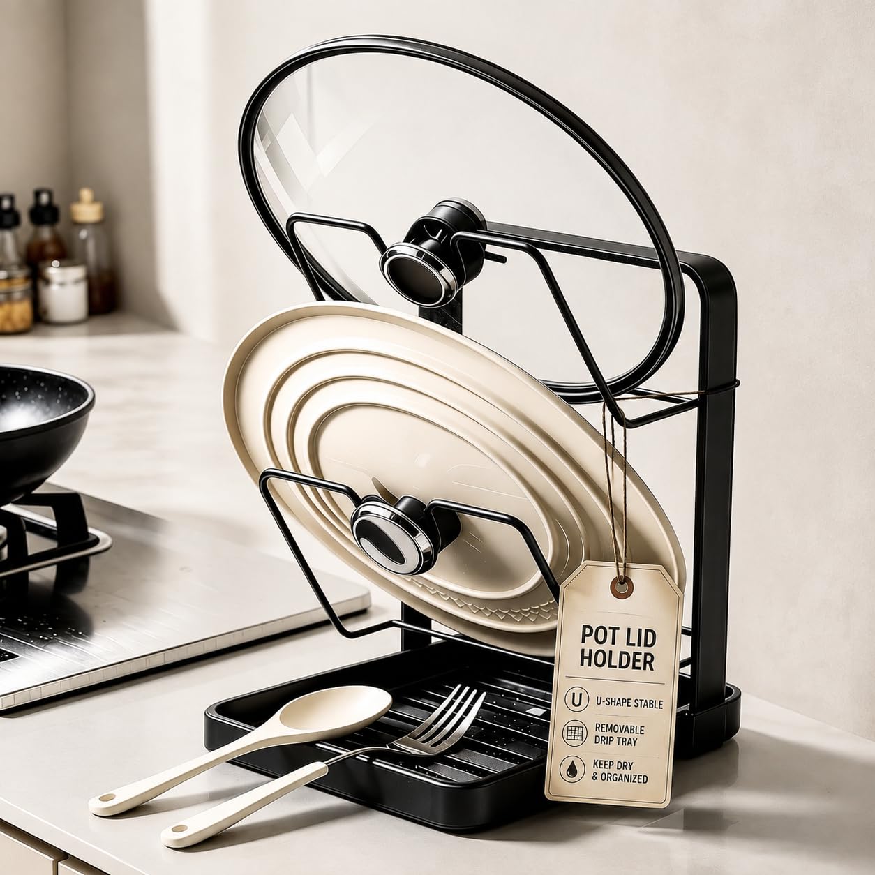 amader Pot Lid Holder, Carbon Steel Rack with Removable Kitchen Drip Tray