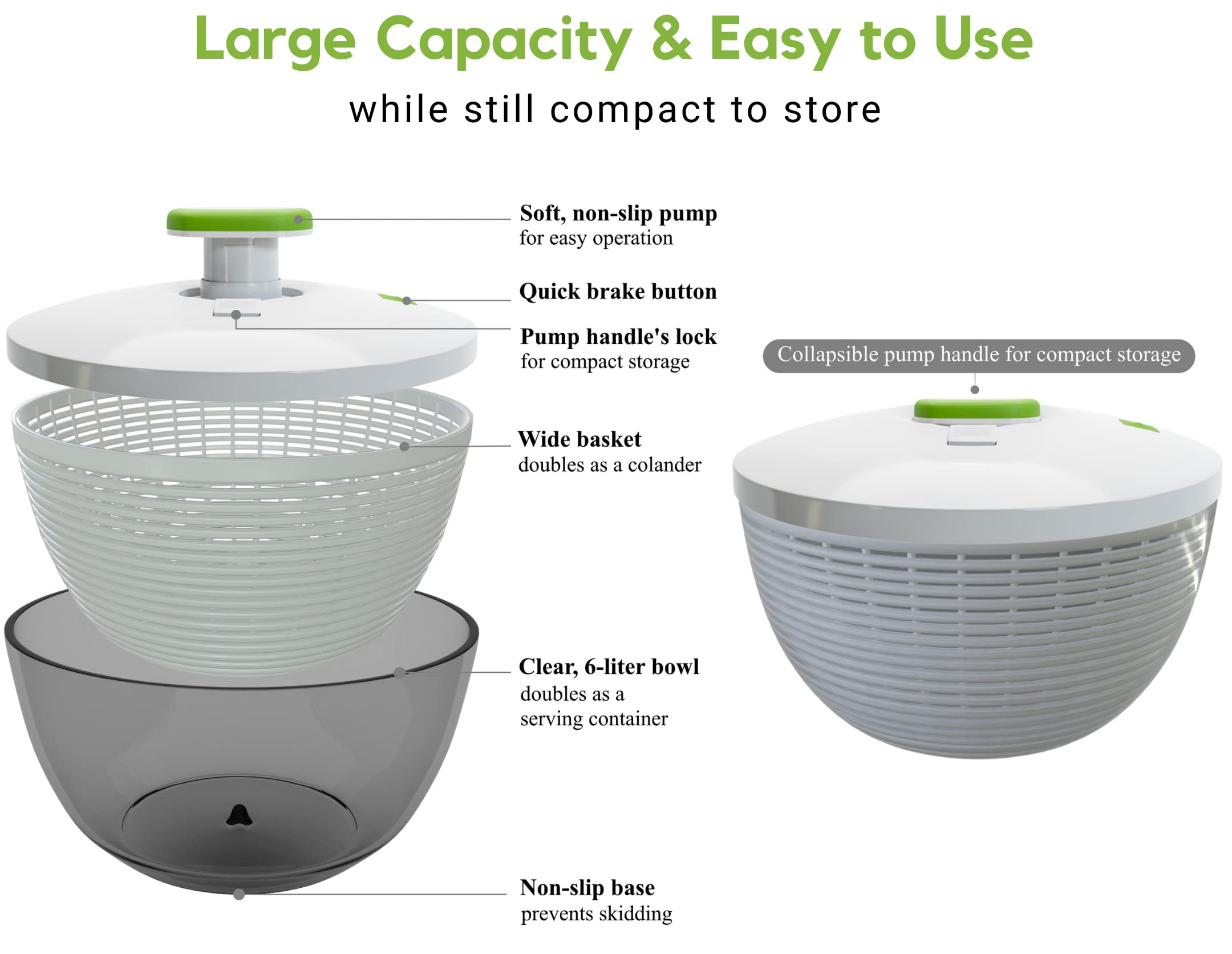 Brieftons 62-Quart Large Salad Spinner: Vegetable Washer Dryer Drainer Strainer With Bowl  Colander, Easy One-Handed Pump, Compa