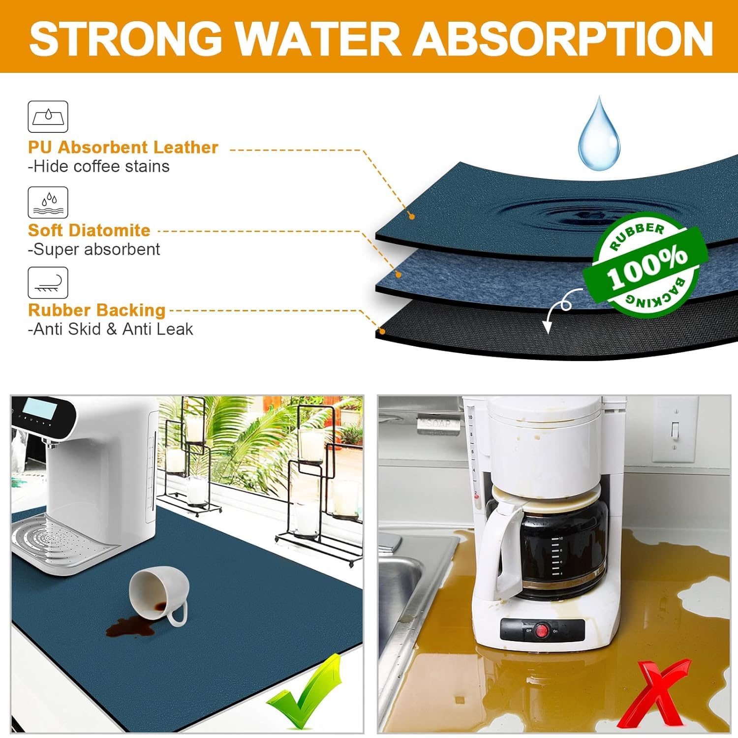 Waafy Dish Drying Mats For Kitchen Counter Coffee Mat Under Sink Mats For Kitchen Waterproof Dish Mat Drying Kitchen Mat Bar Mat