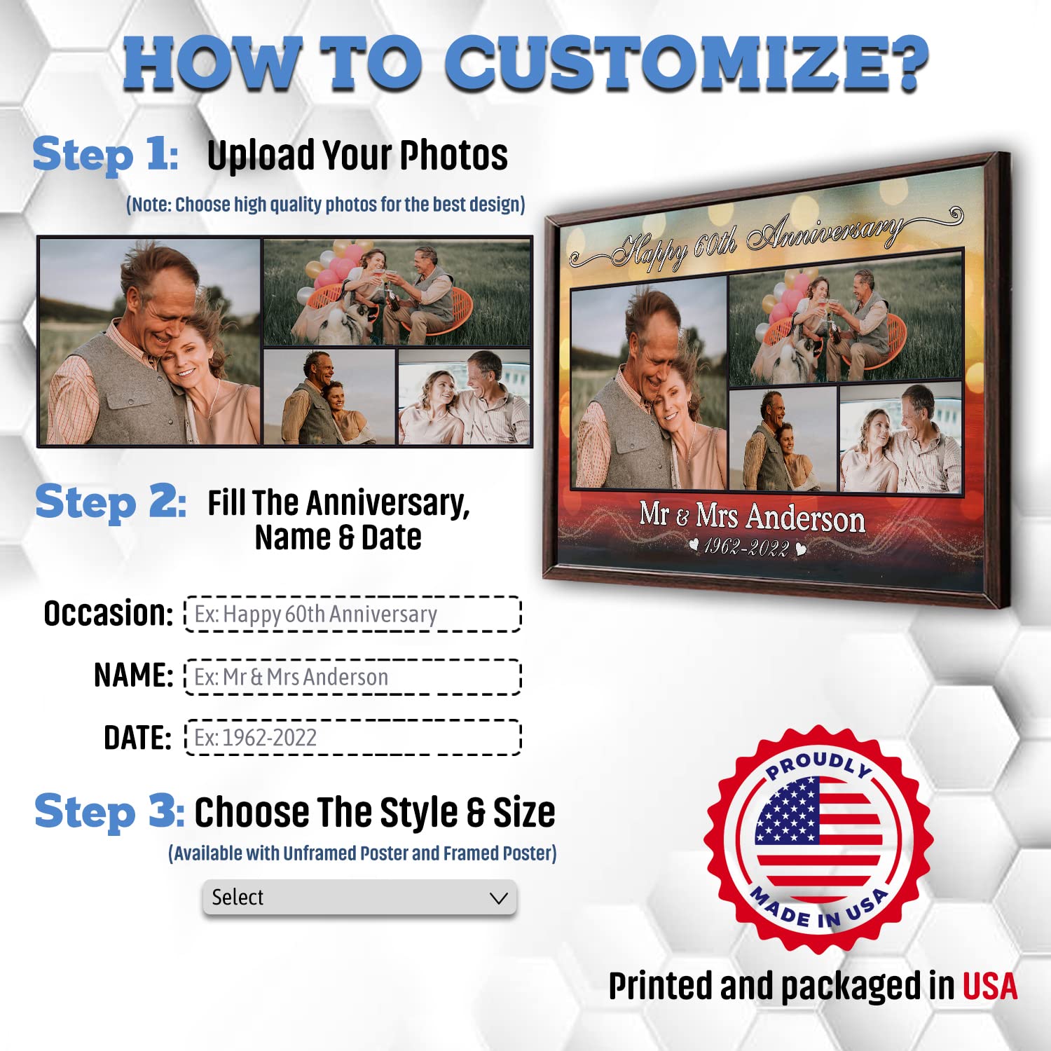 HANIKID Personalized Happy 60 th Wedding Anniversary As Mr And Mrs Grandparents Poster Holidays Keepsake Romantic Custom Canvas With Your Photo Gift For Grandma Grandpa Grandparent Decor Home Prints