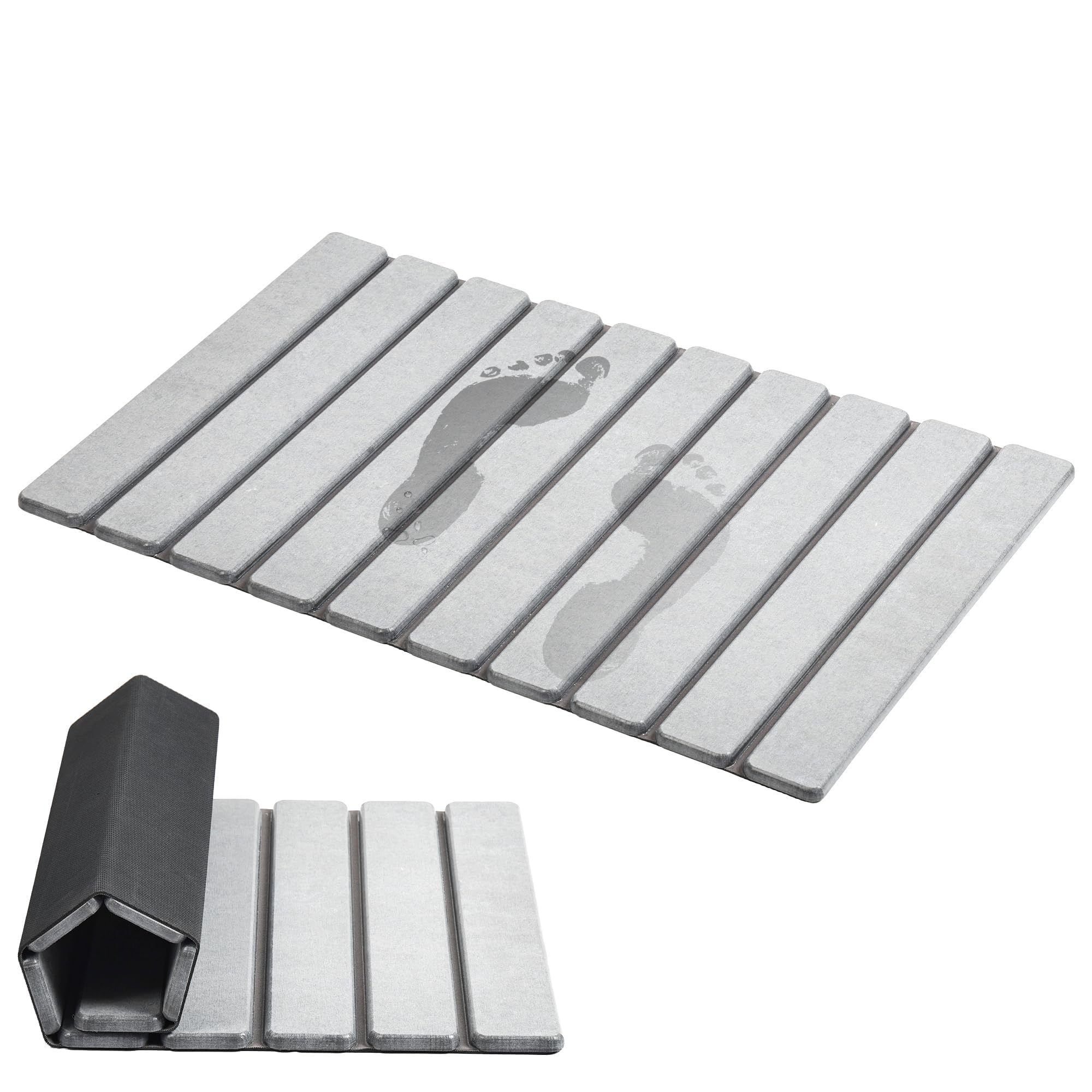 AWW Foldable Stone Bath Mat, Super Absorbent Diatomite, Non-Slip Quick Drying Mat, Compact, Light Grey, 23.6 x 15.5 Inch