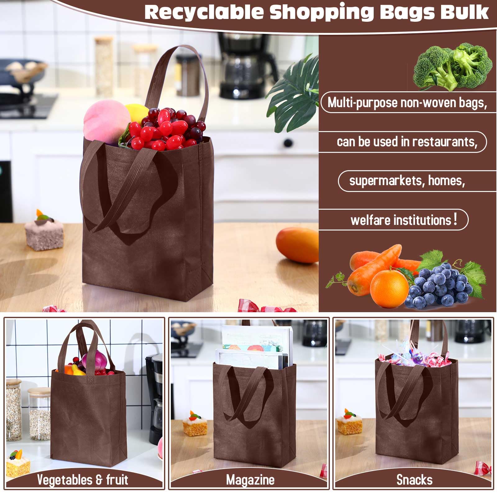 Windyun 50 Pcs Reusable Tote Bag Bulk 8 x 4 x 10 Inch Non Woven Shopping Bag with Handle Christmas Reusable Grocery Gift Tote(Br