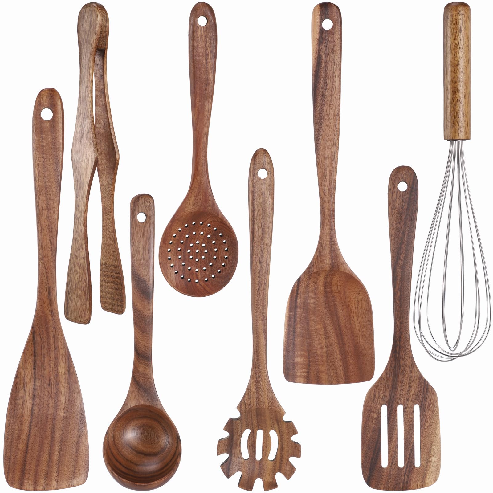 8 PCS Wooden Cooking Utensil Set, for Nonstick Cookware, HeatResistant|Natural Wood Long Handle Utensils, Hanging Hole for Stor