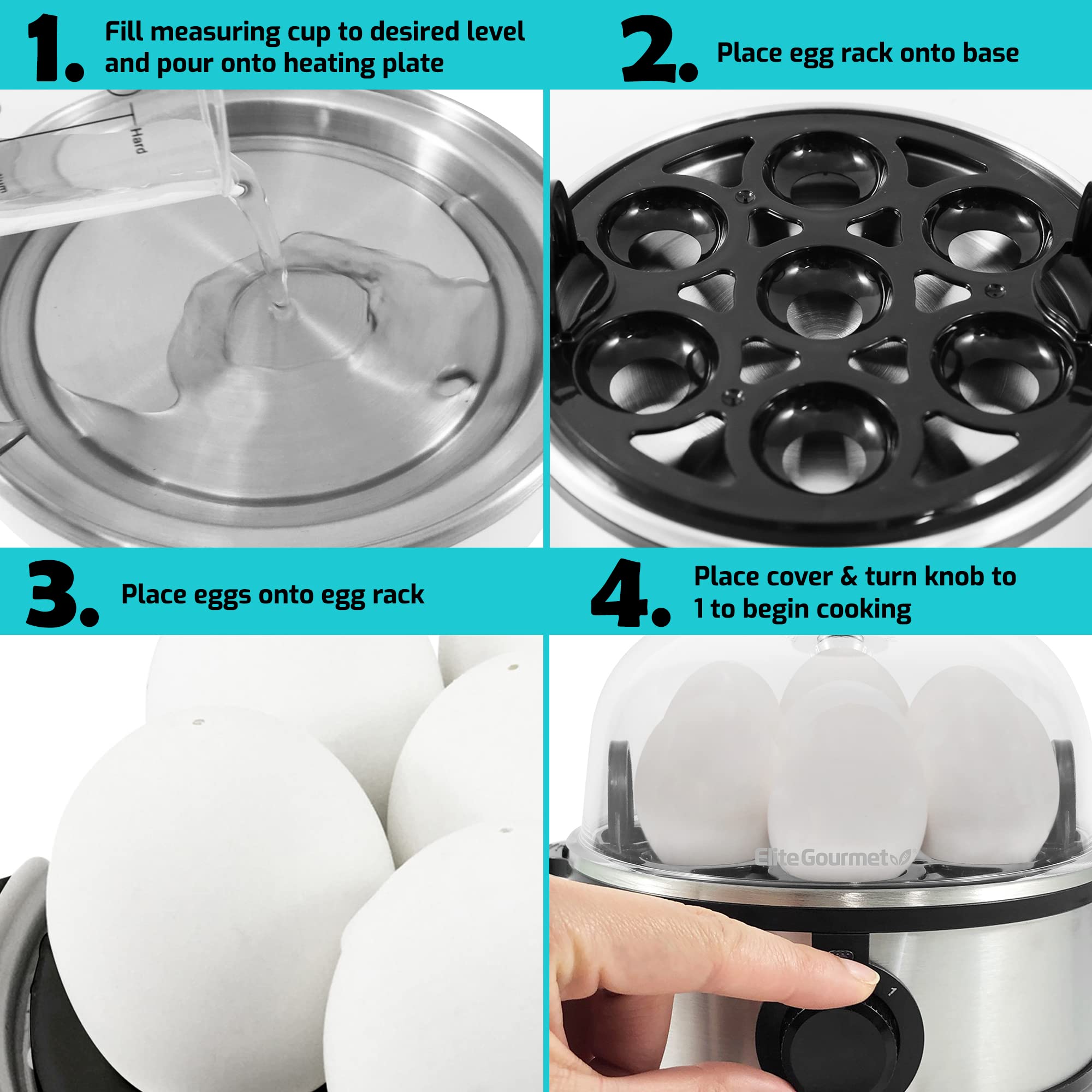 Elite Gourmet Egc648 Easy Electric Poacher, Omelet Eggs & Soft, Medium, Hard-Boiled Egg Boiler Cooker With Auto Shut-Off And Buz