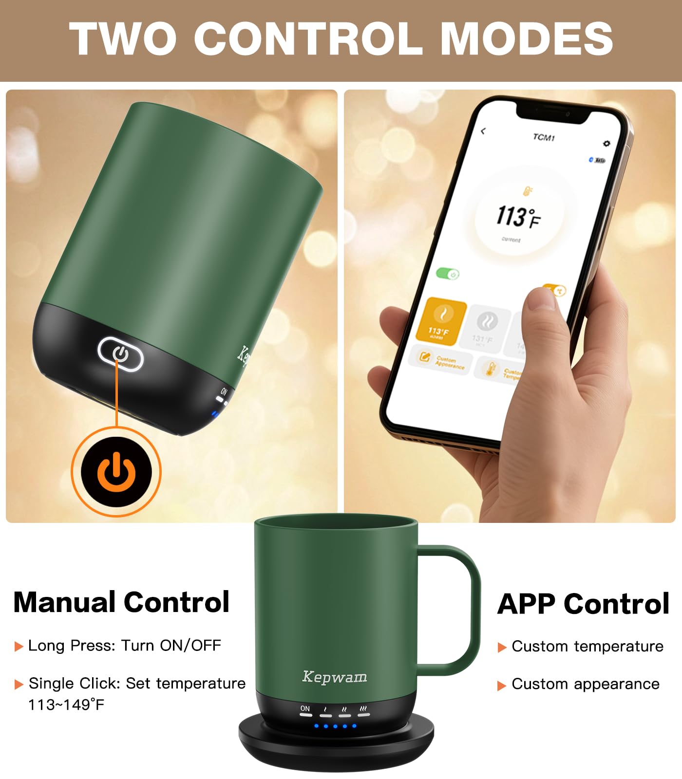 Kepwam Self Heating Coffee Mug T1-16oz Fast Heating & Ultra Long-Lasting Battery Life, Heated Coffee Mug Up to 149? - Touch & Ap