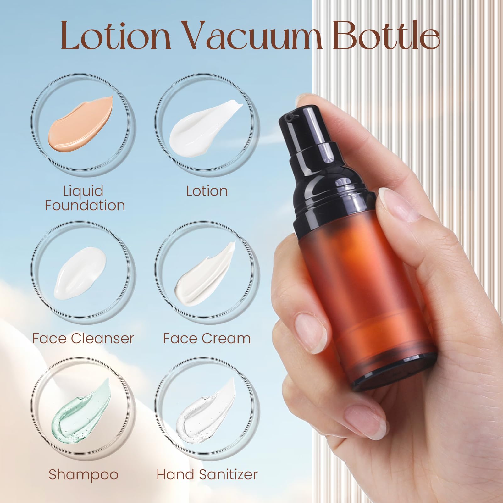 Ronrons Airless Pump Bottles, 0.5 Oz Travel Size Dispenser Brown Refillable Pump Bottle Containers For Skincare Serum Lotion Fou