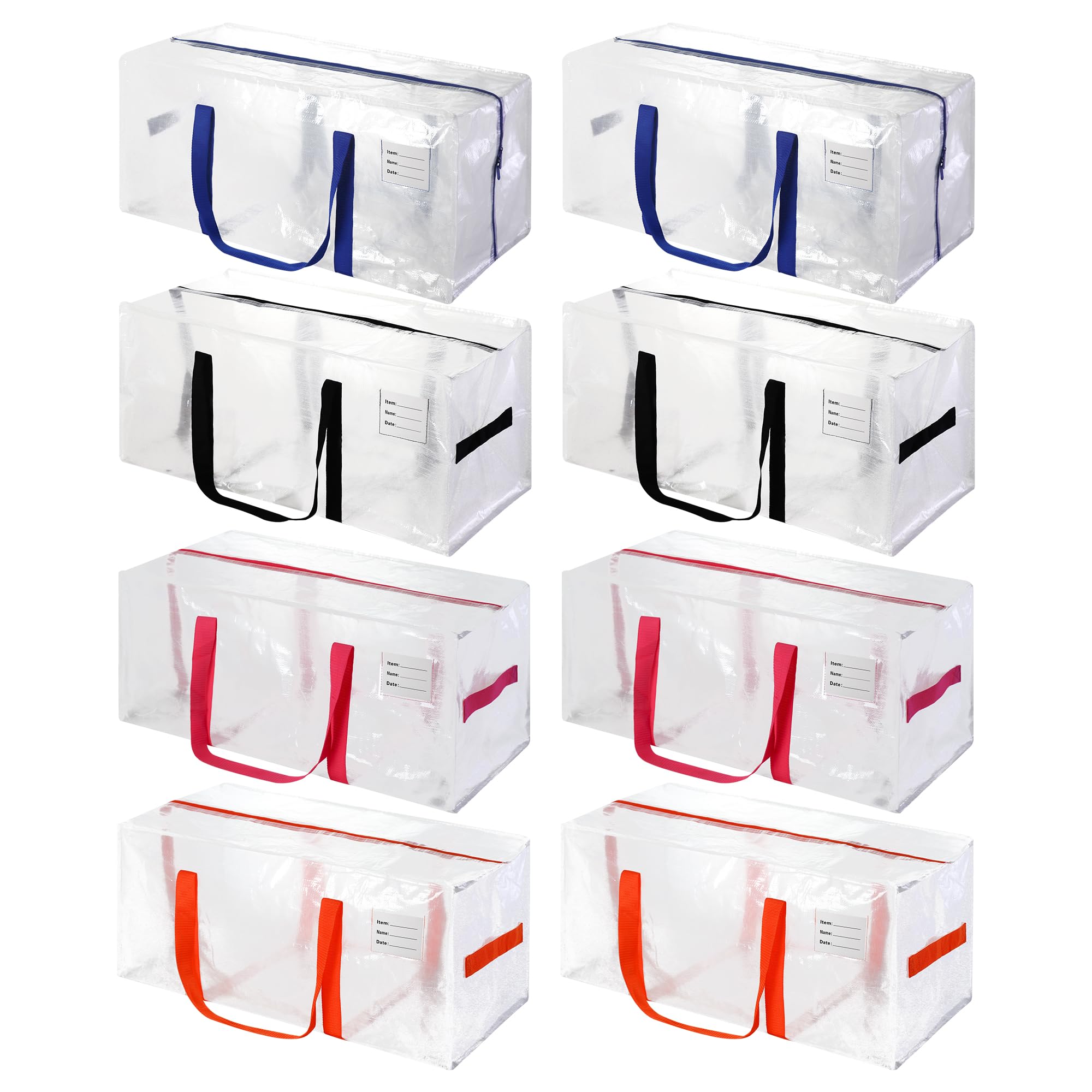 Jcbzamz Multicolor Clear Large Moving Bags 8 Pcs, Clothes Storage Bags For Moving Supplies, College Dorm- With Pink, Black, Blue
