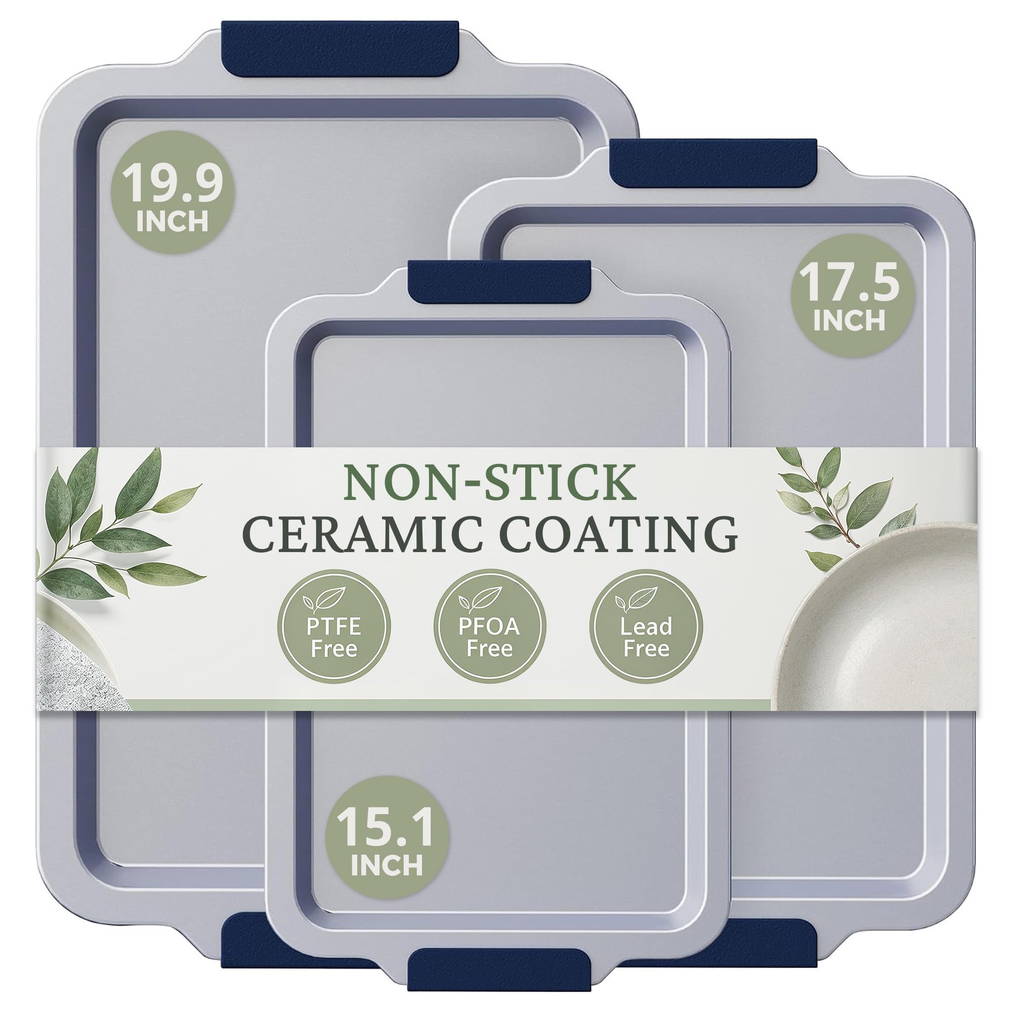 BRONYPRO Non Stick Ceramic Baking Sheet Pan Set of 3, Non Toxic Cookie Sheets (PFAS/PFOA/PTFE Free), Aluminized Steel Oven Trays