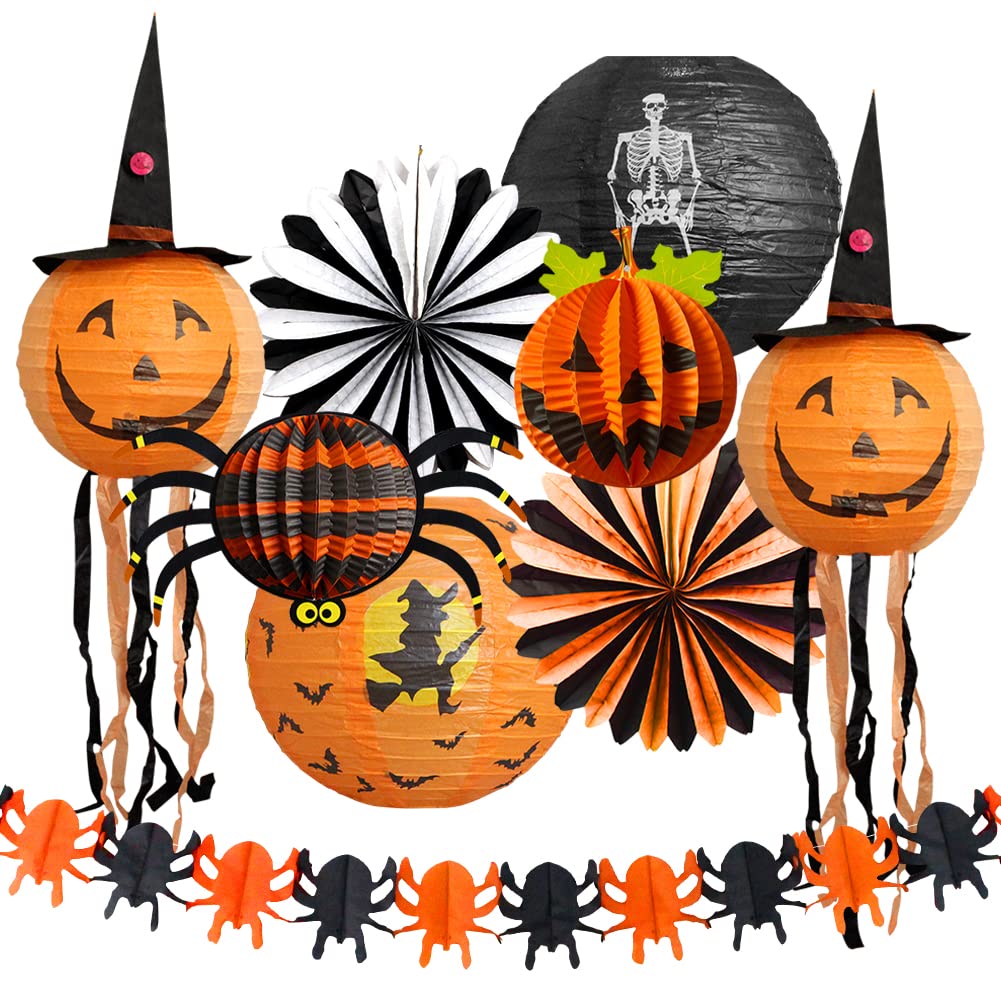 Halloween Party Decorations, Black Orange Party Supplies, Hanging Paper Lanterns Pumpkin Honeycomb Tissue Paper Fan Spider Garla
