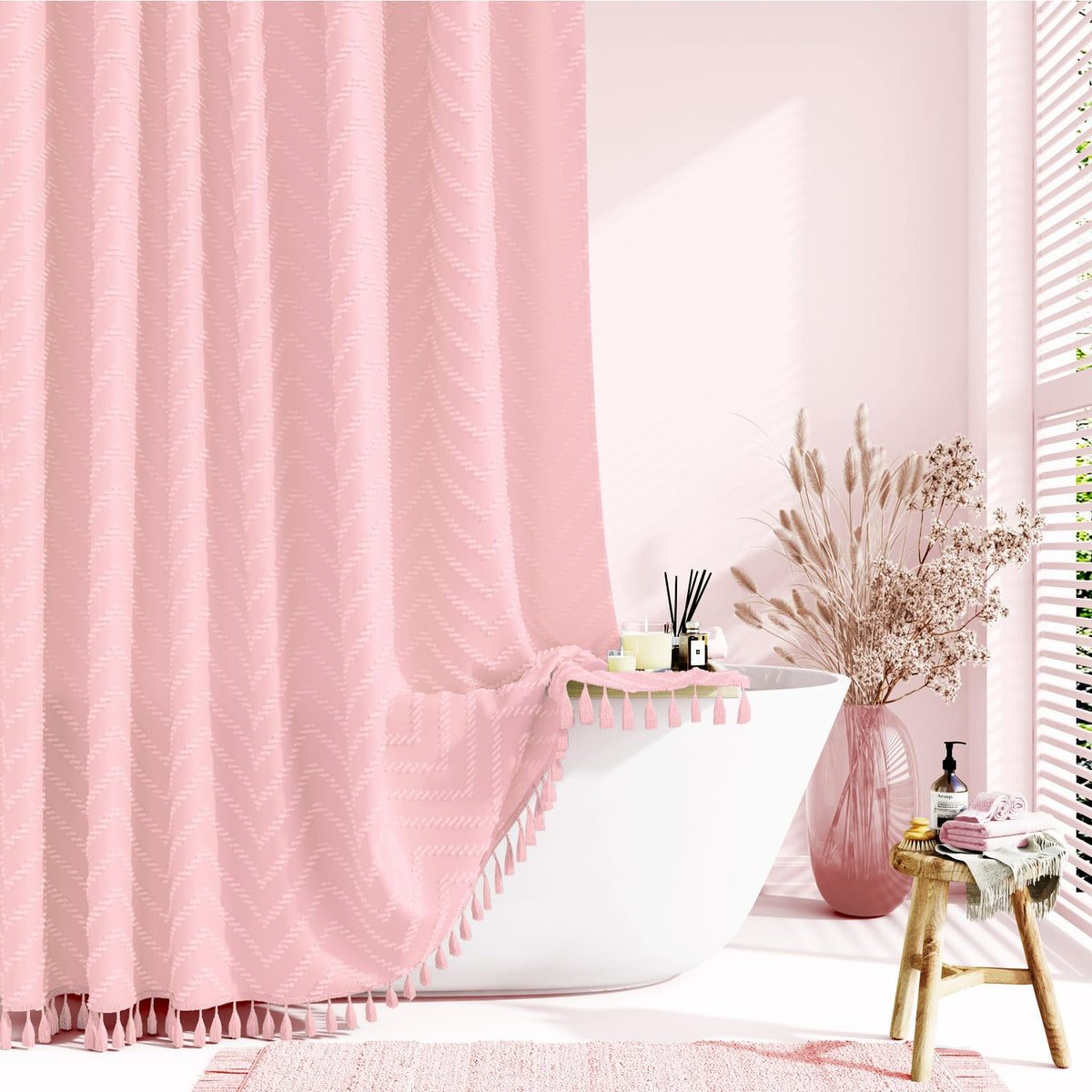 Dynamene Boho Farmhouse Shower Curtain, Pink Fabric Tufted Chevron Striped Textured Tassel Shower Curtains For Bathroom, Water R