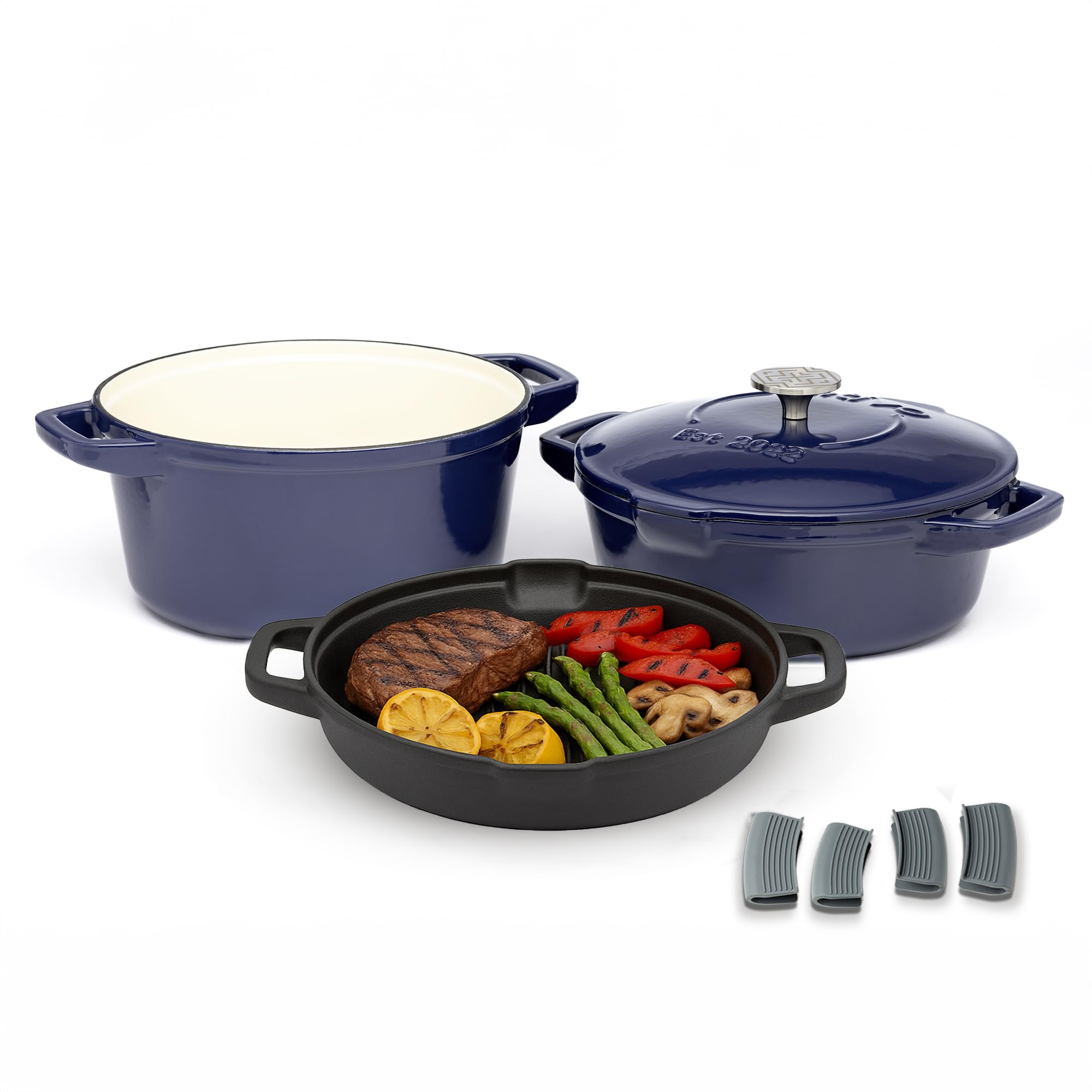 NATIVO 5 pc Stackable Cast Iron Cookware Set, Versatile Enamel Dutch Oven, Seasoned Grill Pan & Enamel Braiser with Precision Po
