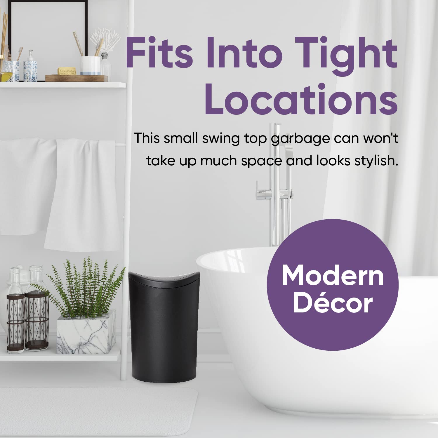Superio Small Bathroom Trash Can With Lid, Modern Matte Black Mini Waste Bin With Swing Lid (1 1/2 Gallon, 6 Liter) Plastic Garb