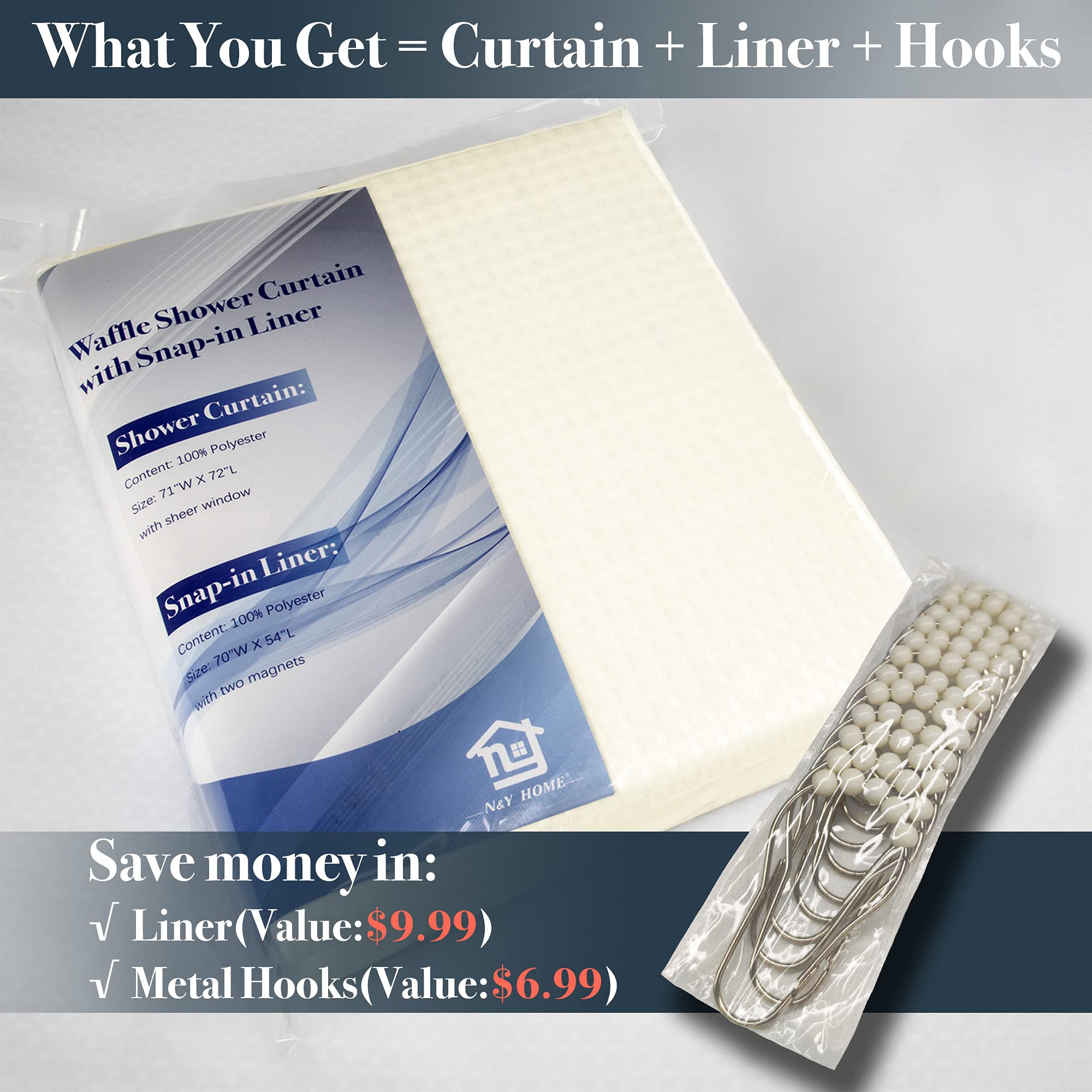 N&Y HOME Waffle Weave Shower Curtain with Snap-in Fabric Liner & Hooks Set - Hotel Style Cream Shower Curtain for Bathroom  Water-Repellent & Washable  Mesh Top Window - 71x72  Cream