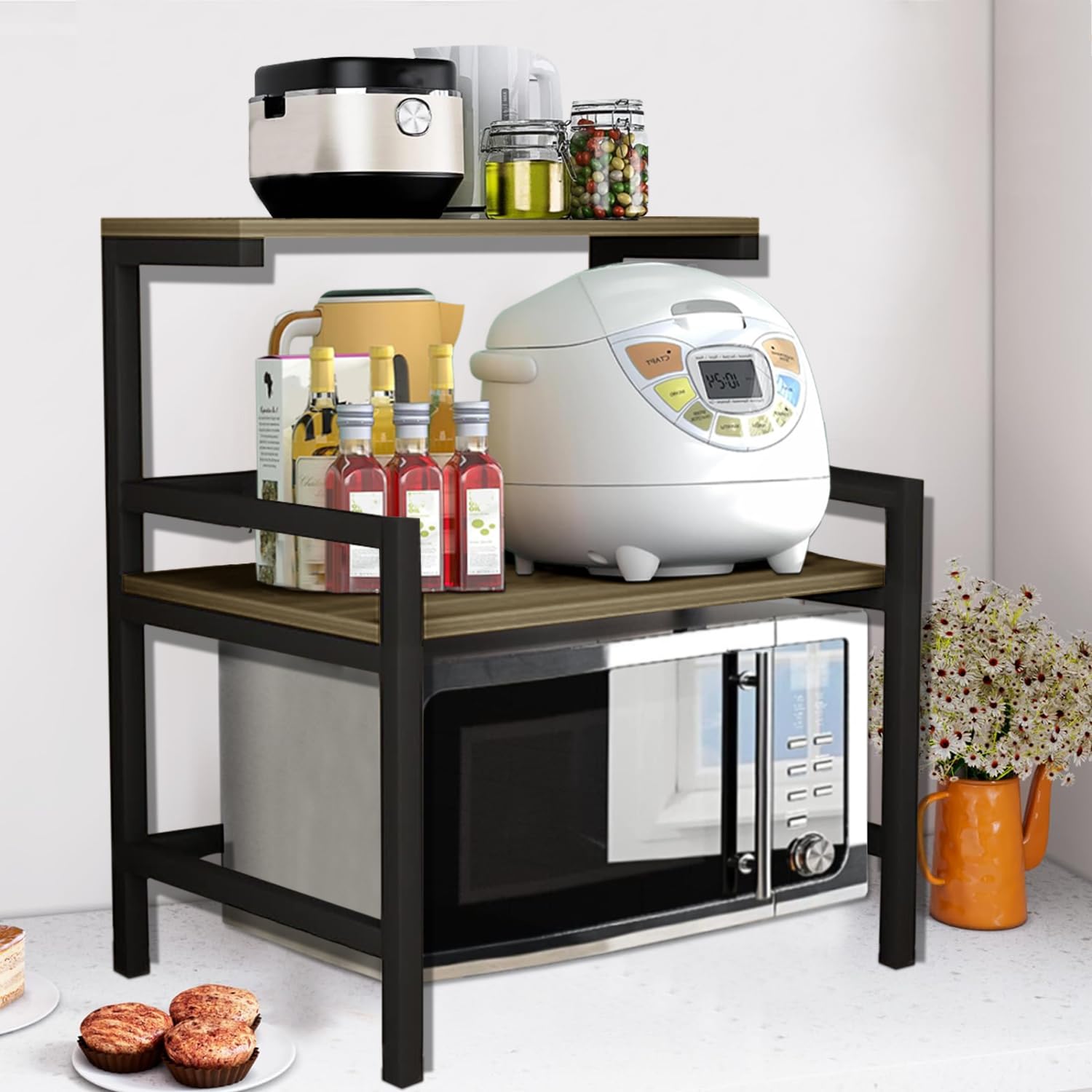 Urban Decor Microwave Kitchen Oven Rack Microwave Shelf Double Layer Home Oven Rack Rice Cooker Rack Storage Rack Salt Shaker Se