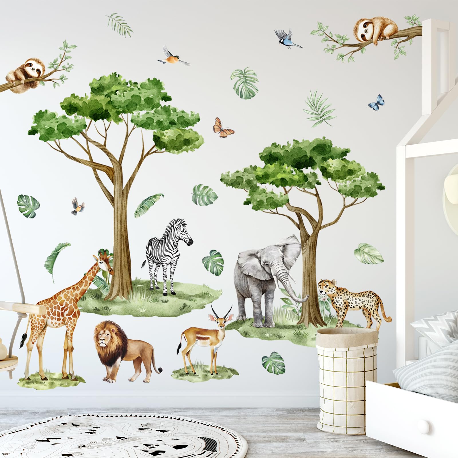 Safari Animal Wall Decals, Watercolor Jungle Animals Wall Stickers with Giraffe Elephant Lion Sloth, Tropical Tree Wall Decor fo