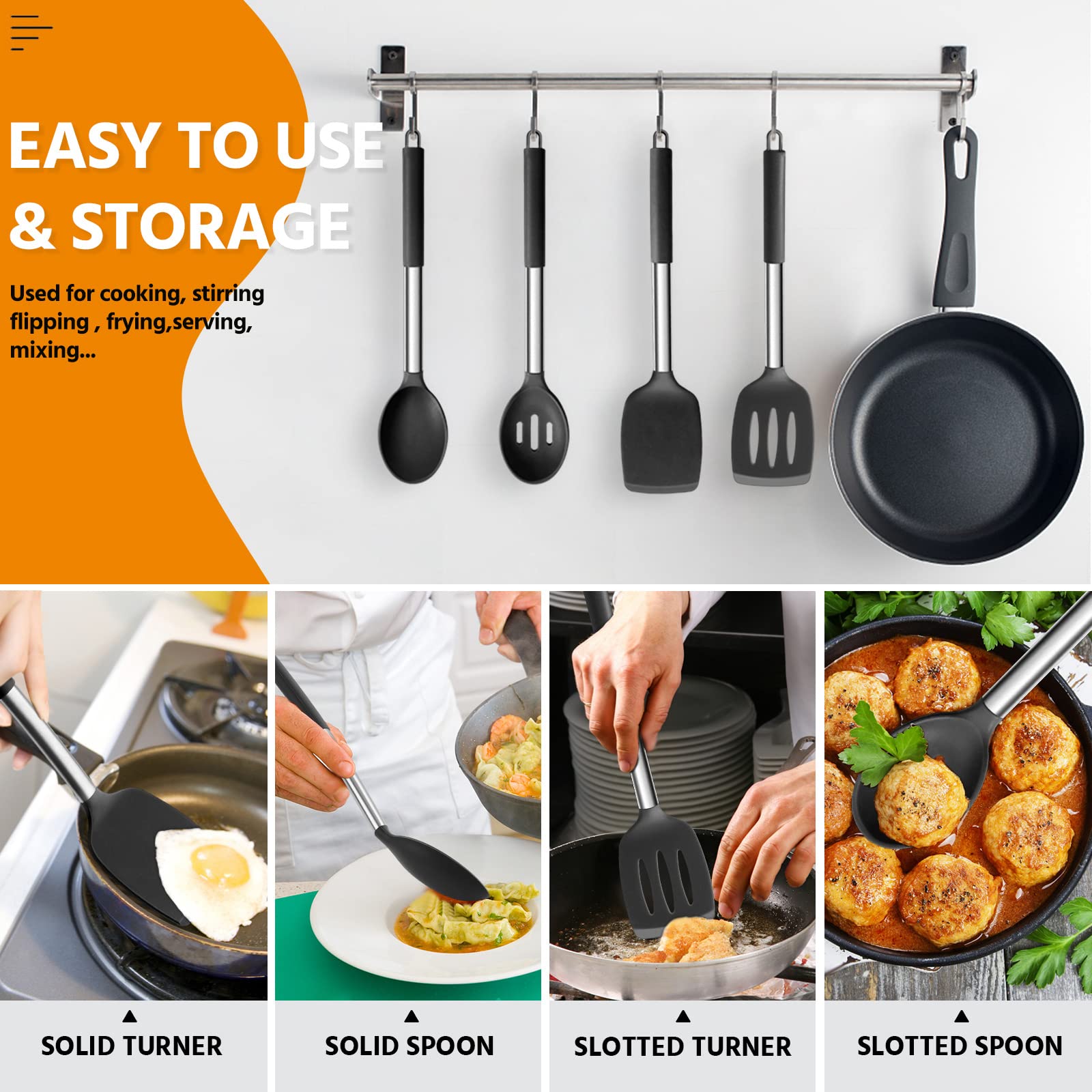 E-Far Cooking Utensils Set Of 4, Silicone Kitchen Utensils For Non-Stick Cookware, Heat Resistant & Non-Toxic Slotted Spatula So