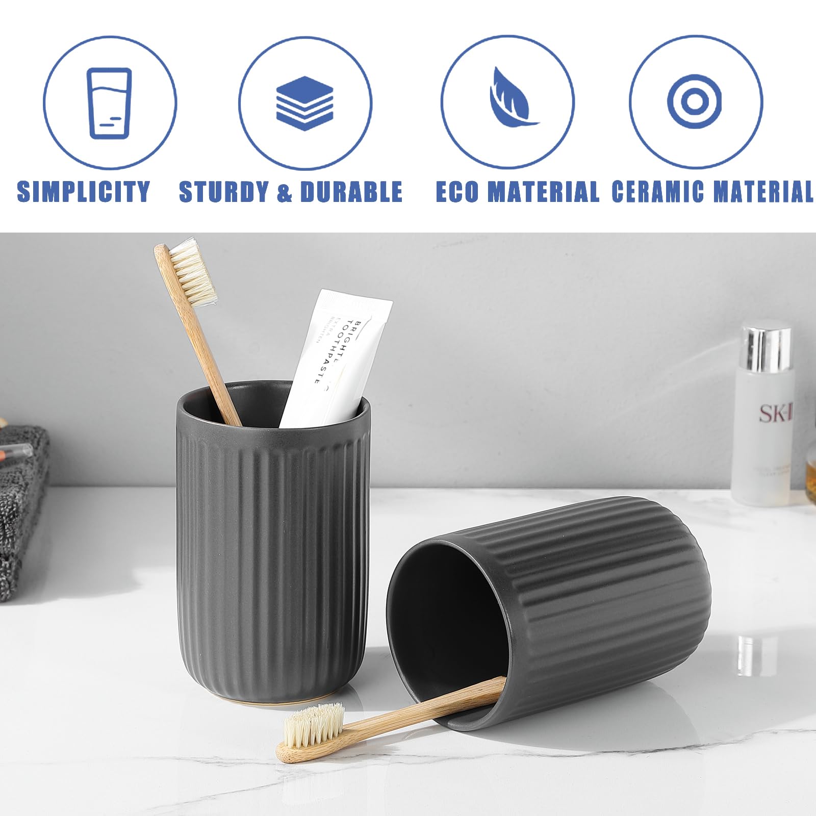 BSDISP Grey Ceramic Toothbrush Holders Set - 2pcs Bathroom Tumbler Cups for Toothpaste, Reusable Counter Organizer