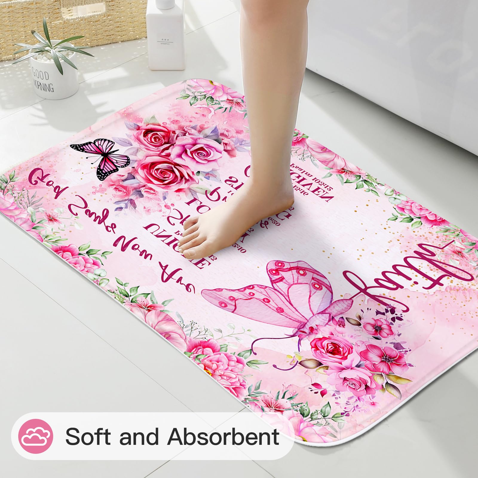 Litabel 4 Pcs Pink Butterfly Inspirational Quotes Shower Curtain Set With Rugs And Toilet Lid Cover, Colorful Boho Waterproof Fa