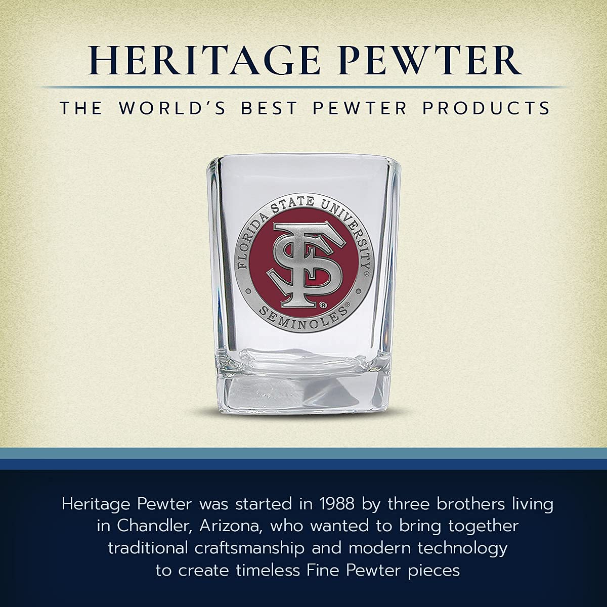 Heritage Pewter Florida State University Square Shot Glass | Hand-Sculpted 1.5 Ounce Shot Glass | Intricately Crafted Metal Pewt