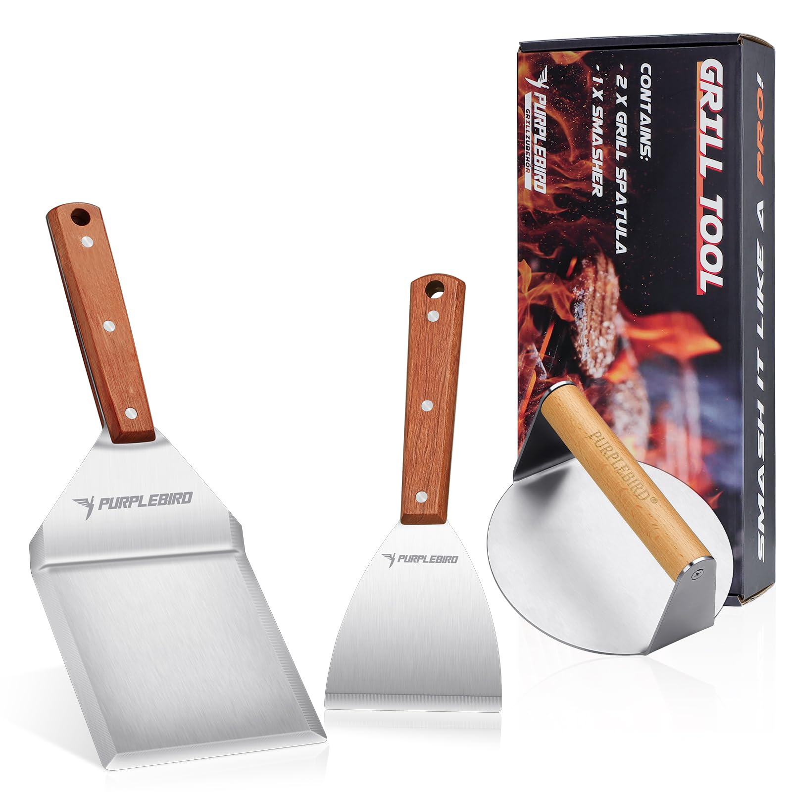 Purplebird Smash Burger Press Kit 3Pcs Set, Stainless Griddle Spatulas Set With Professional Burger Smasher For Griddle, Heavy D