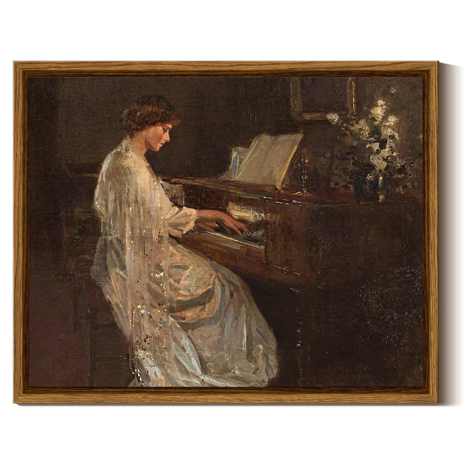 Insimsea Framed Canvas Wall Art Mid Century Lady Playing Piano Classical Painting Vintage Canvas Prints Wall Decor For Bedroom B