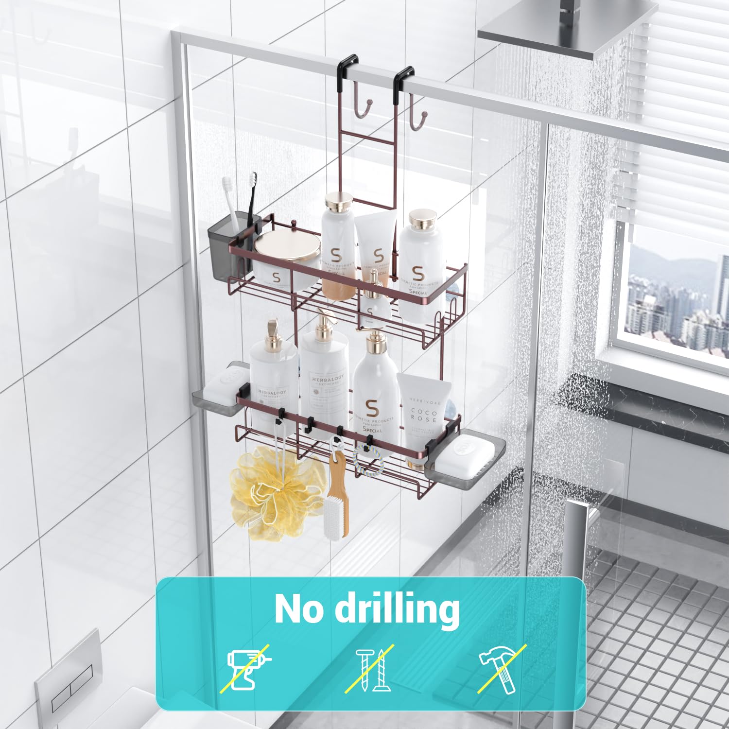 Aitatty Over The Door Shower Caddy Hanging: Black Rustproof Shower Organizer Over The Door - No Drilling Bathroom Rack For Insid