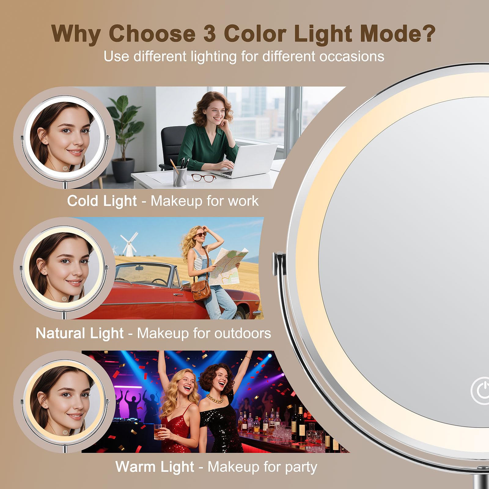 Flymiro Lighted Makeup Mirror,1x/10x Magnifying Vanity Mirror with Light,3000 mAh Rechargeable 2-Sided 8 Round Mirror,3 Colors B